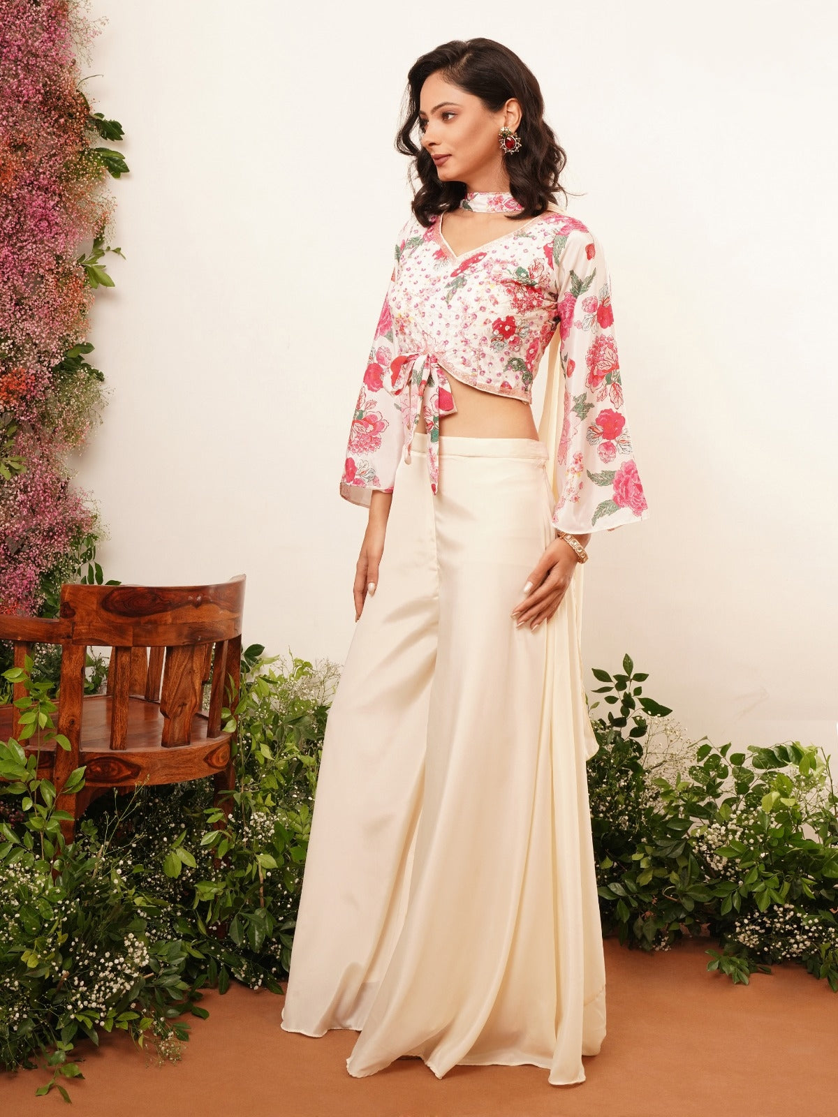 Close-Up of Floral Embroidered Crop Top with Bell Sleeves

