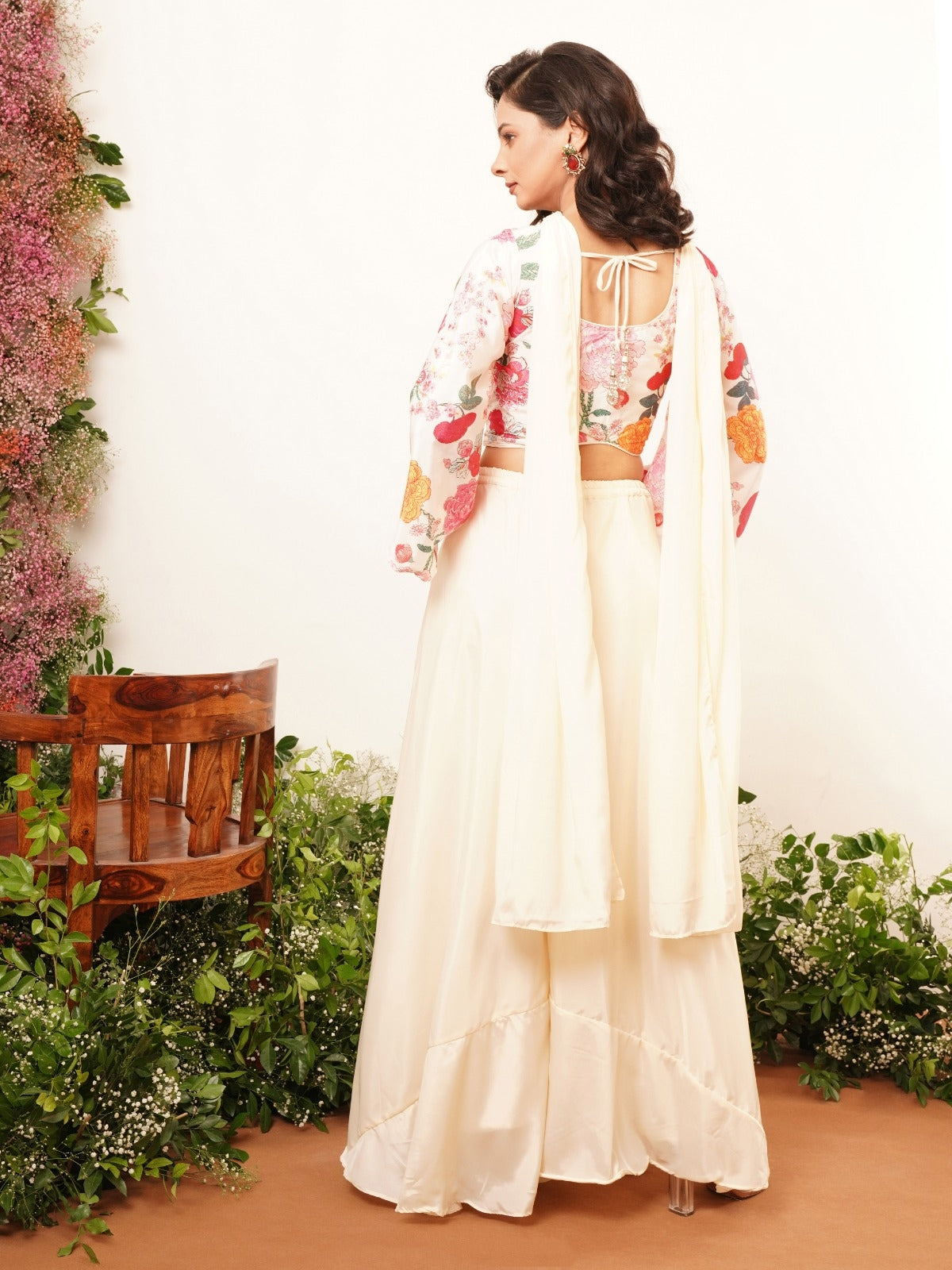 Cream Readymade Palazzo Set with Dupatta for Women

