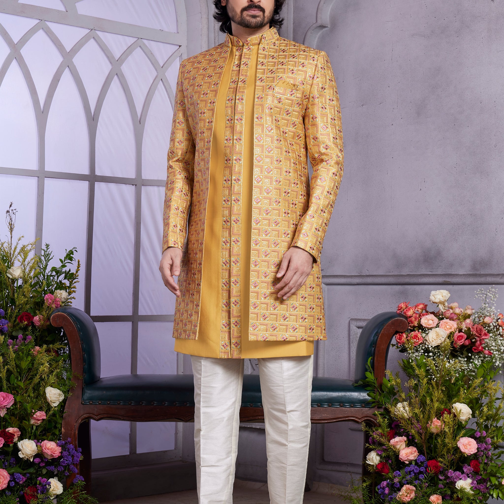 Mustard yellow Indo Western for wedding