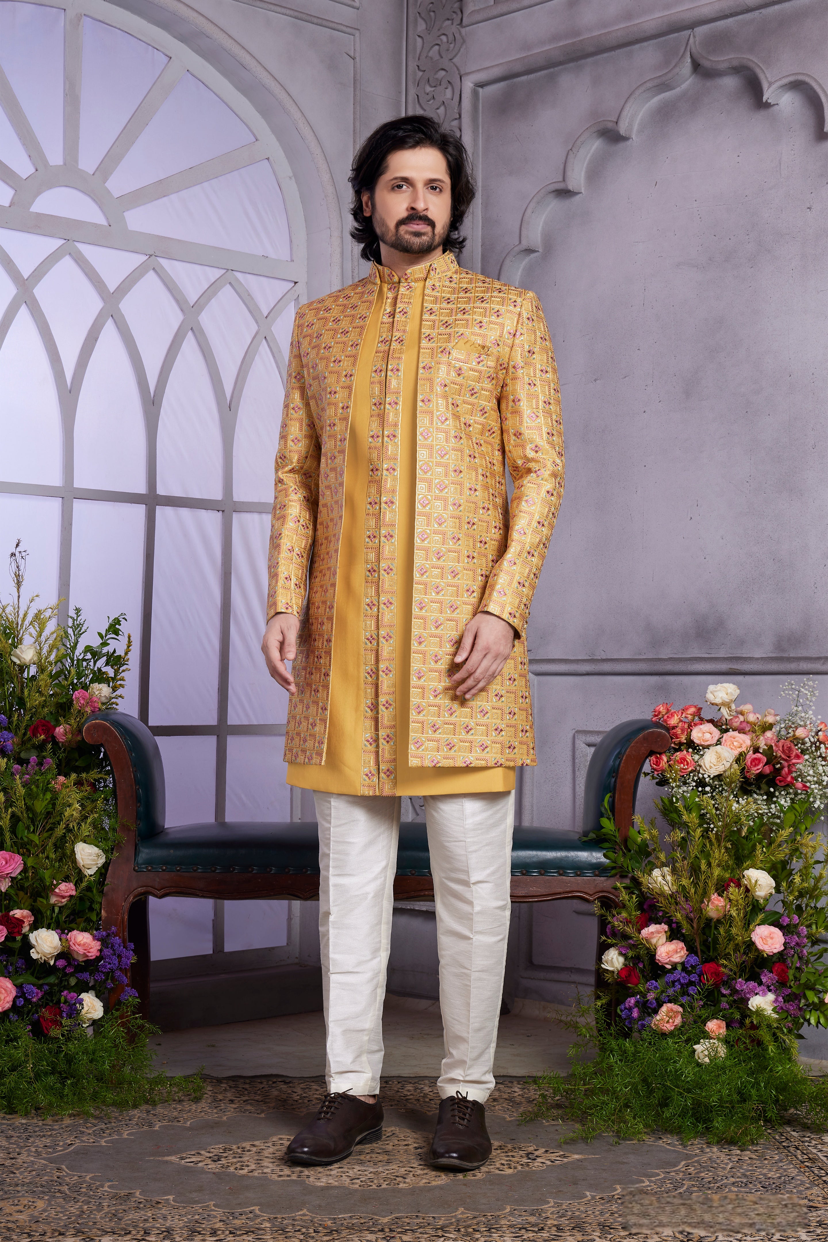 Mustard yellow Indo Western for wedding