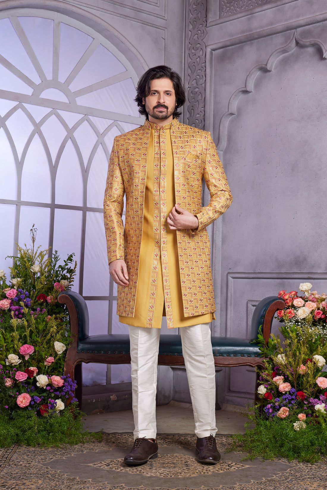 Mustard yellow Indo Western for wedding
