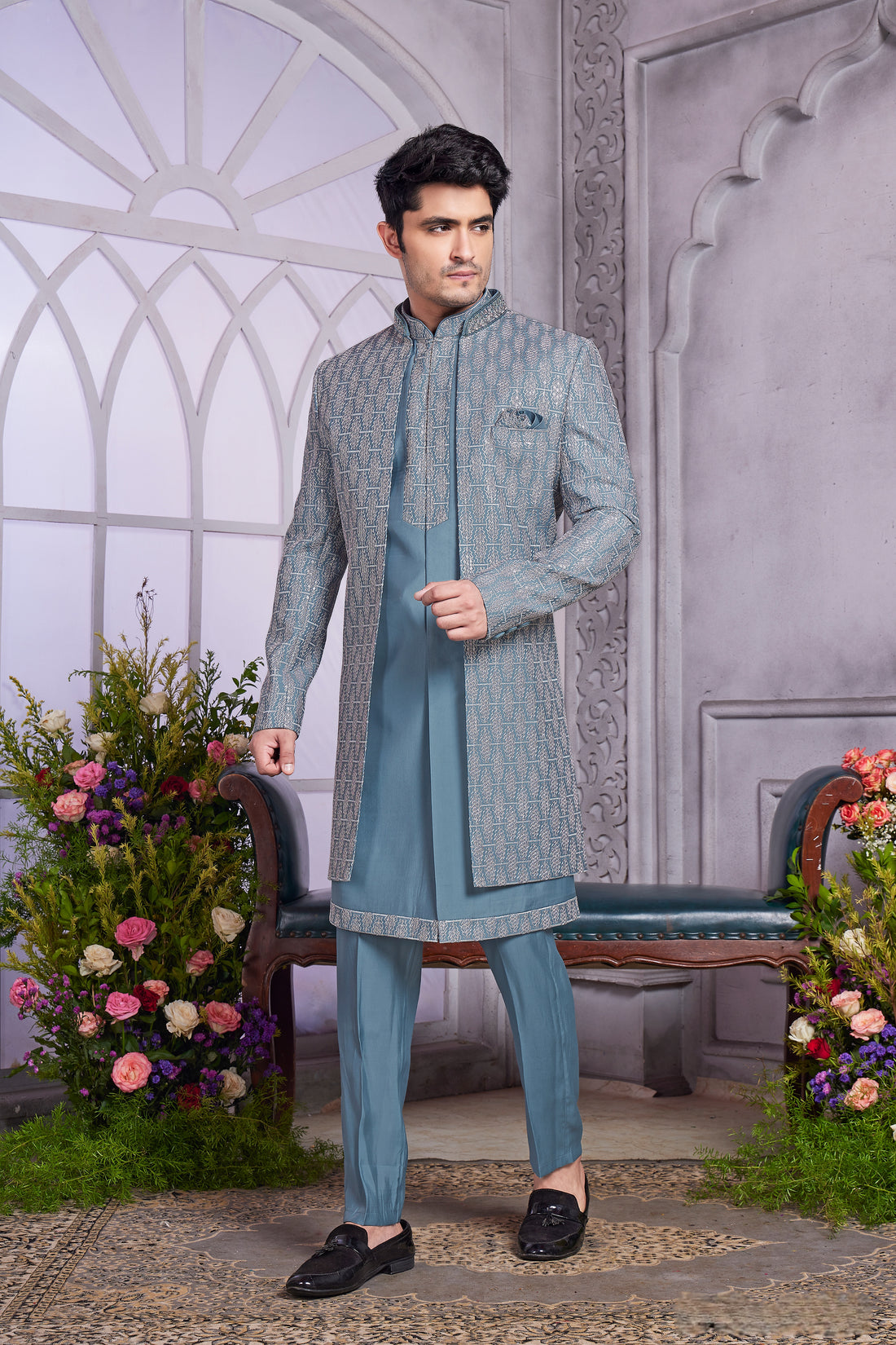 Teal blue Indo Western for men