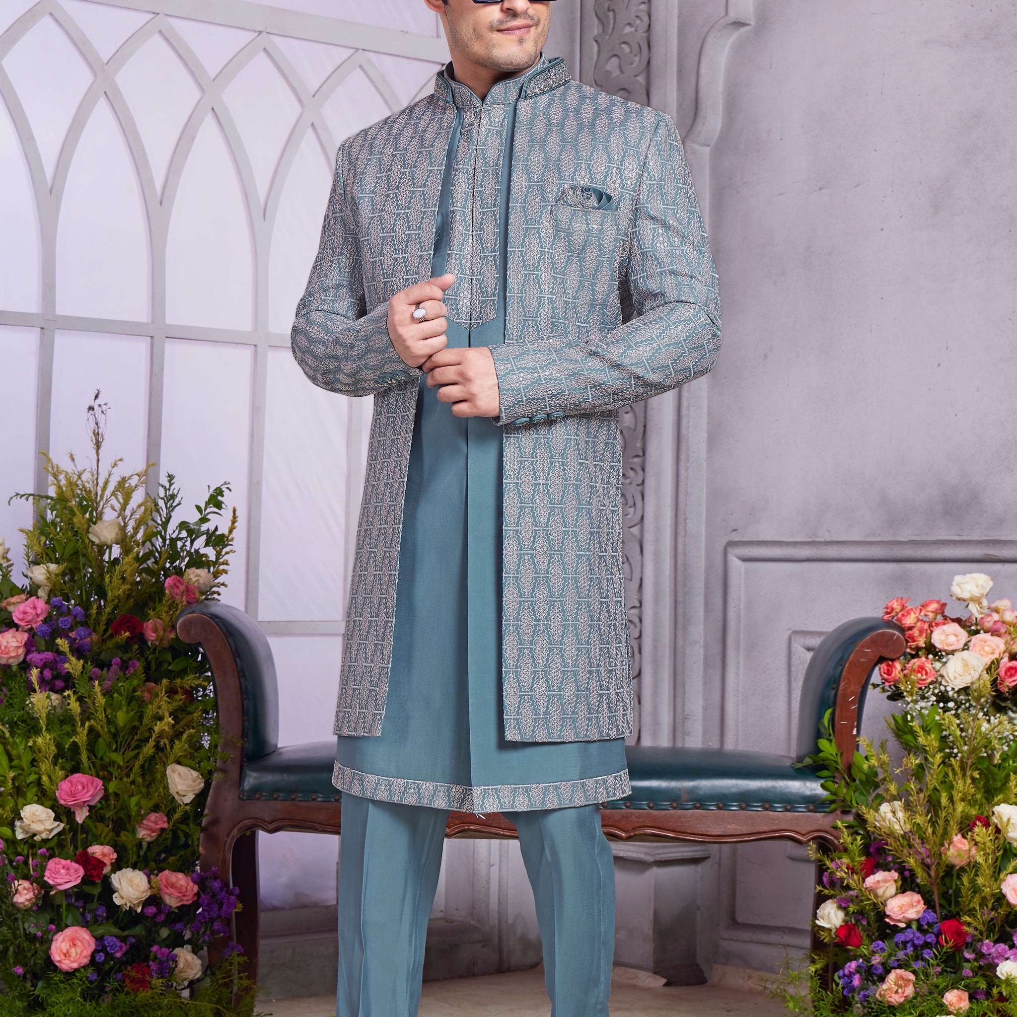 Teal blue Indo Western for men