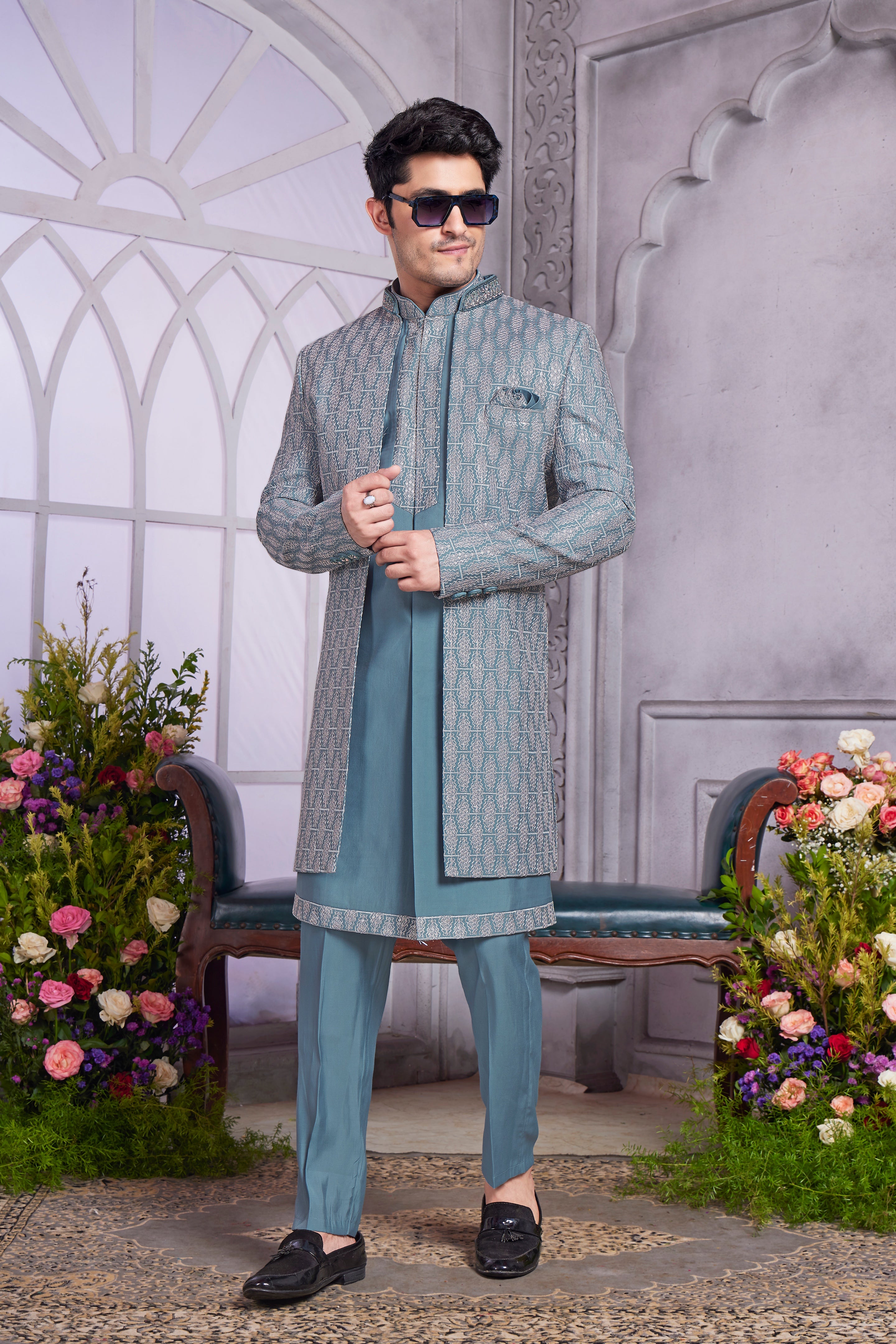 Teal blue Indo Western for men