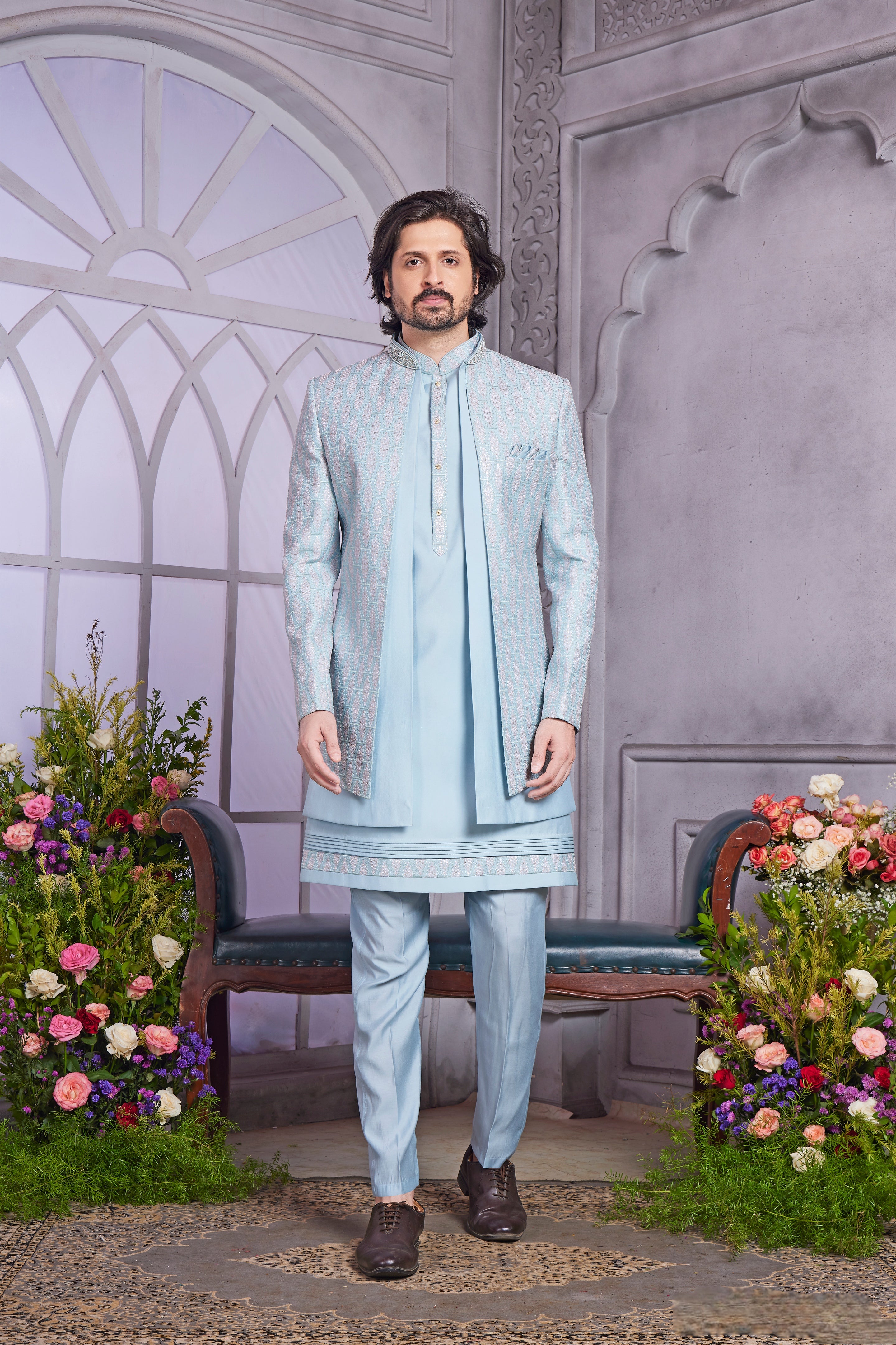 Light blue Indo Western art silk set