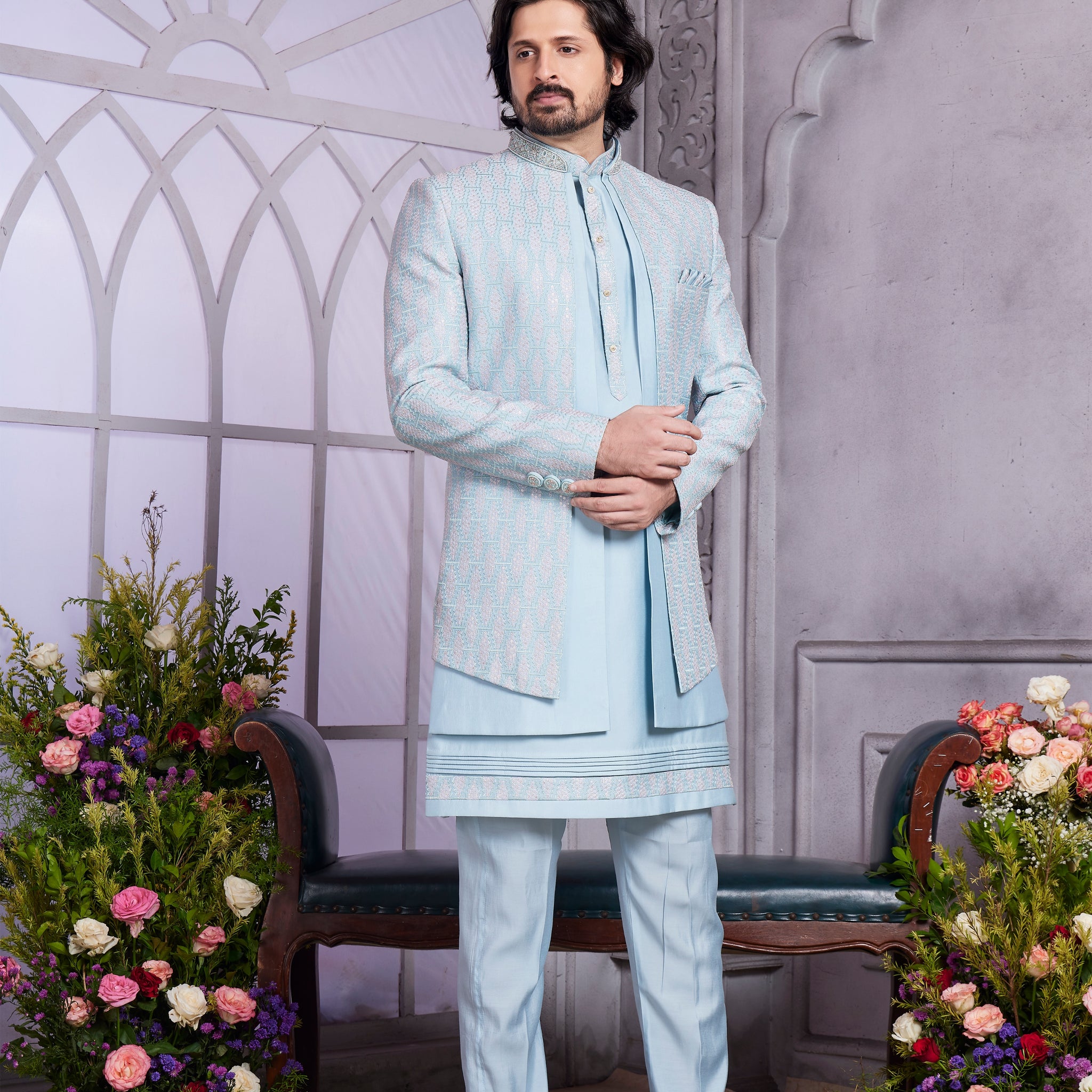 Sky blue Indo Western kurta for men