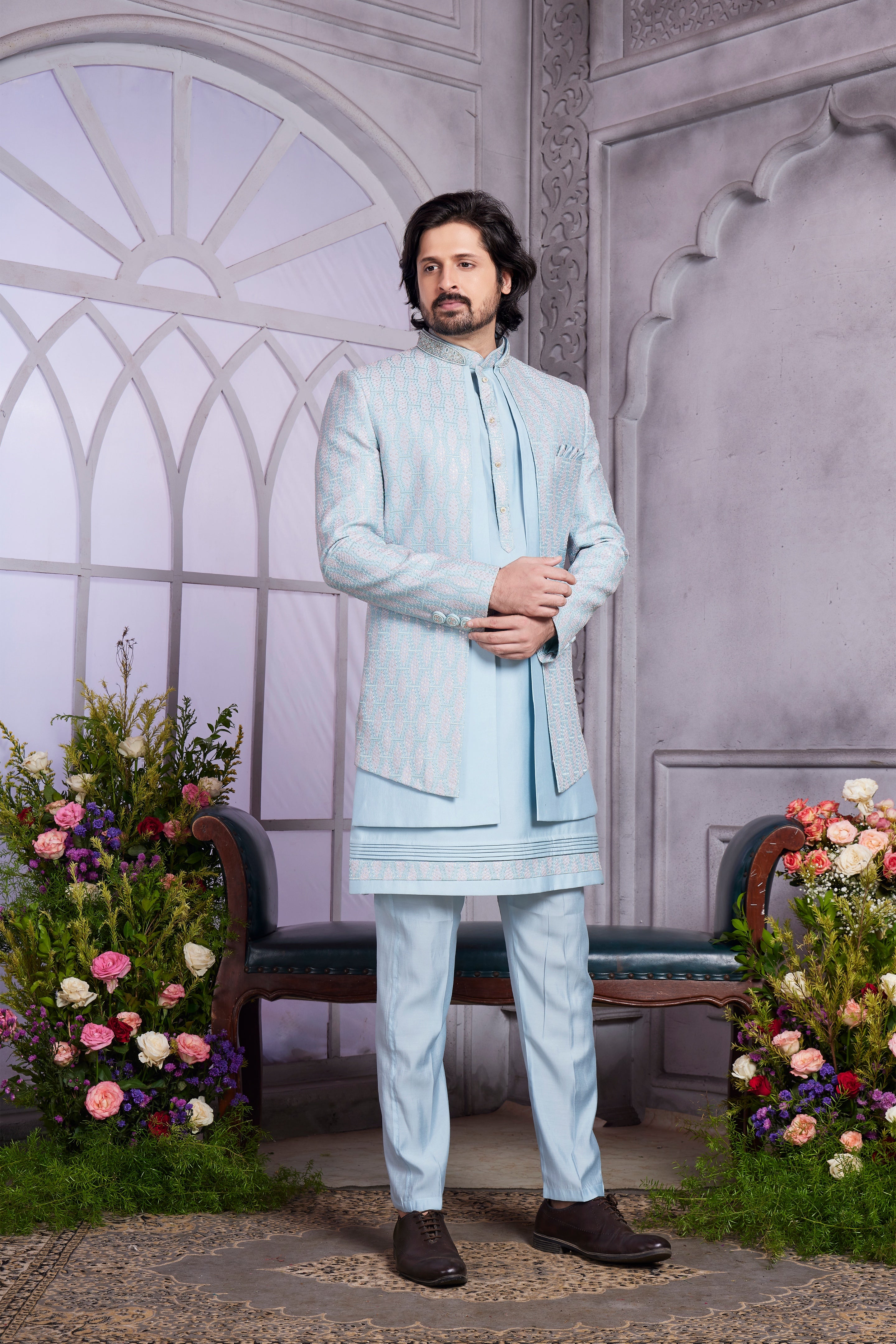 Sky blue Indo Western kurta for men