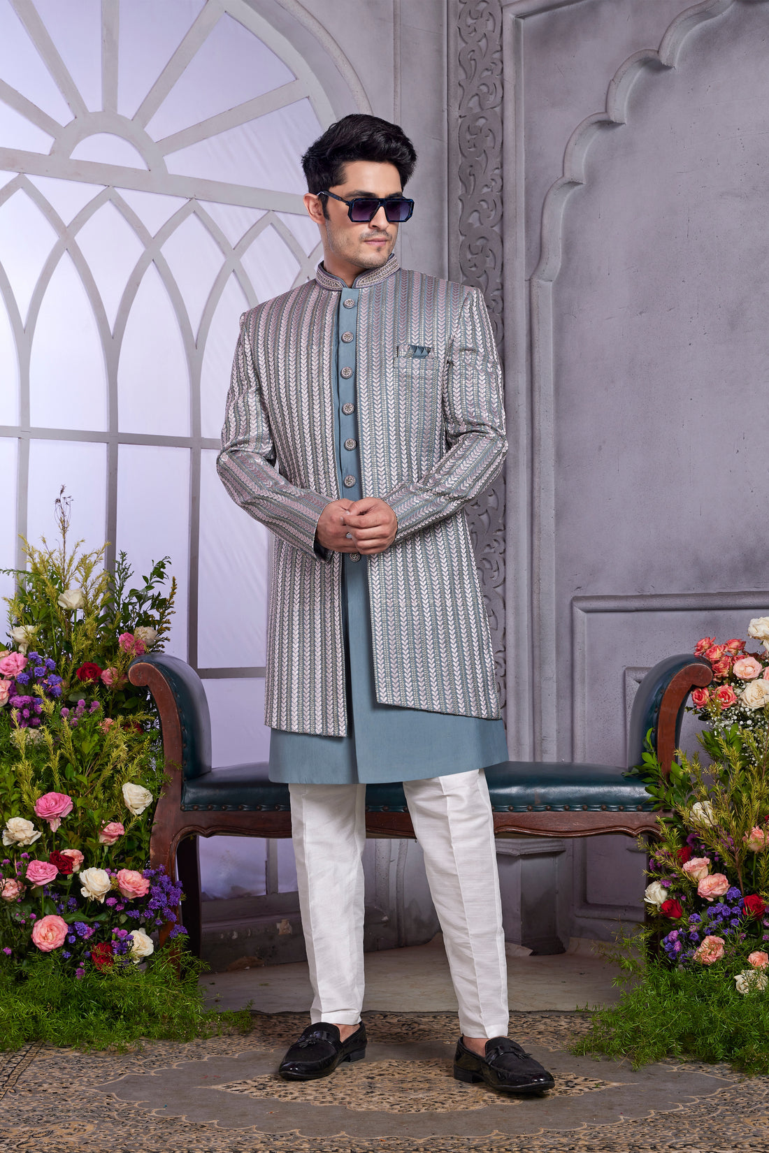 Grey Indo Western set with teal detailing