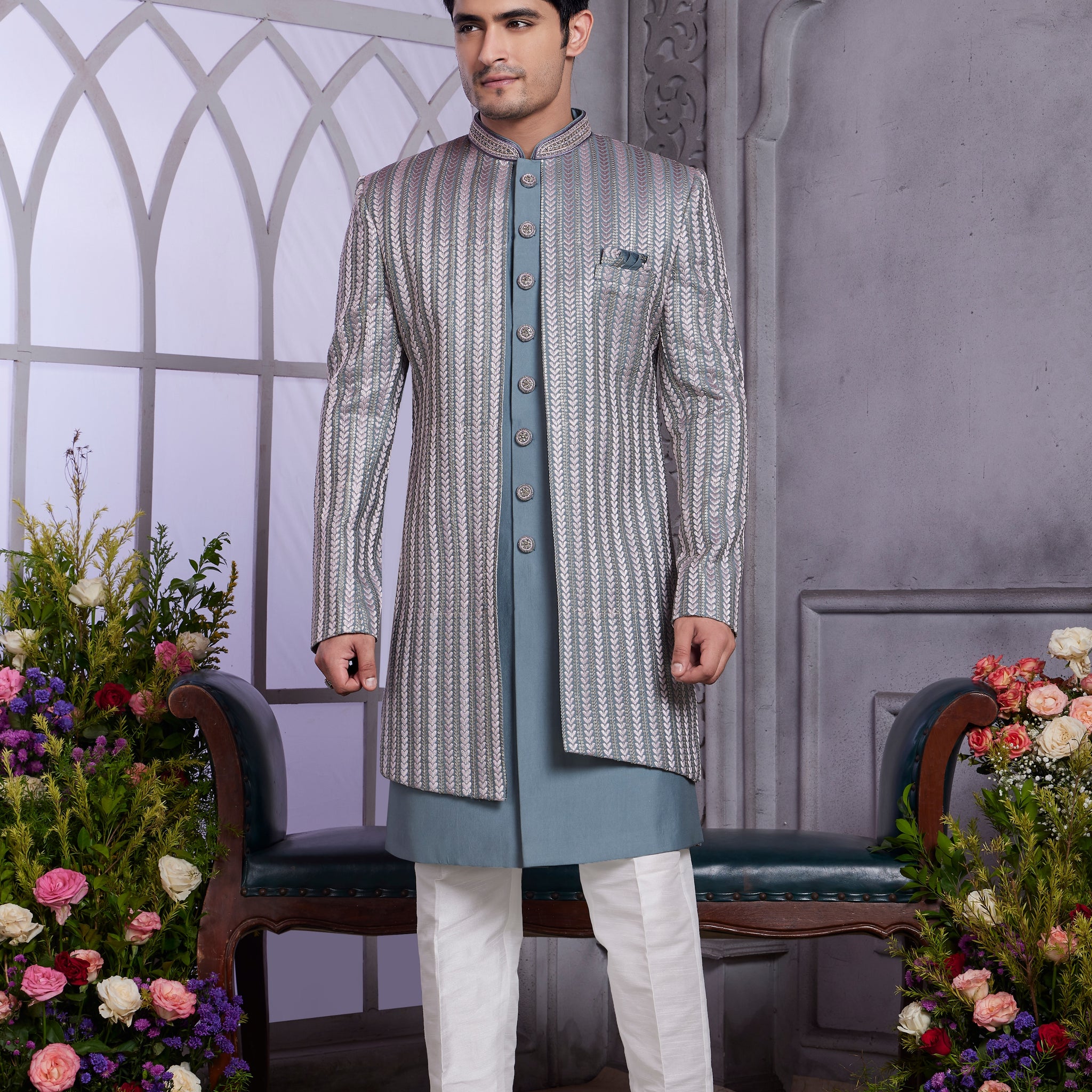 Grey Indo Western set with teal detailing
