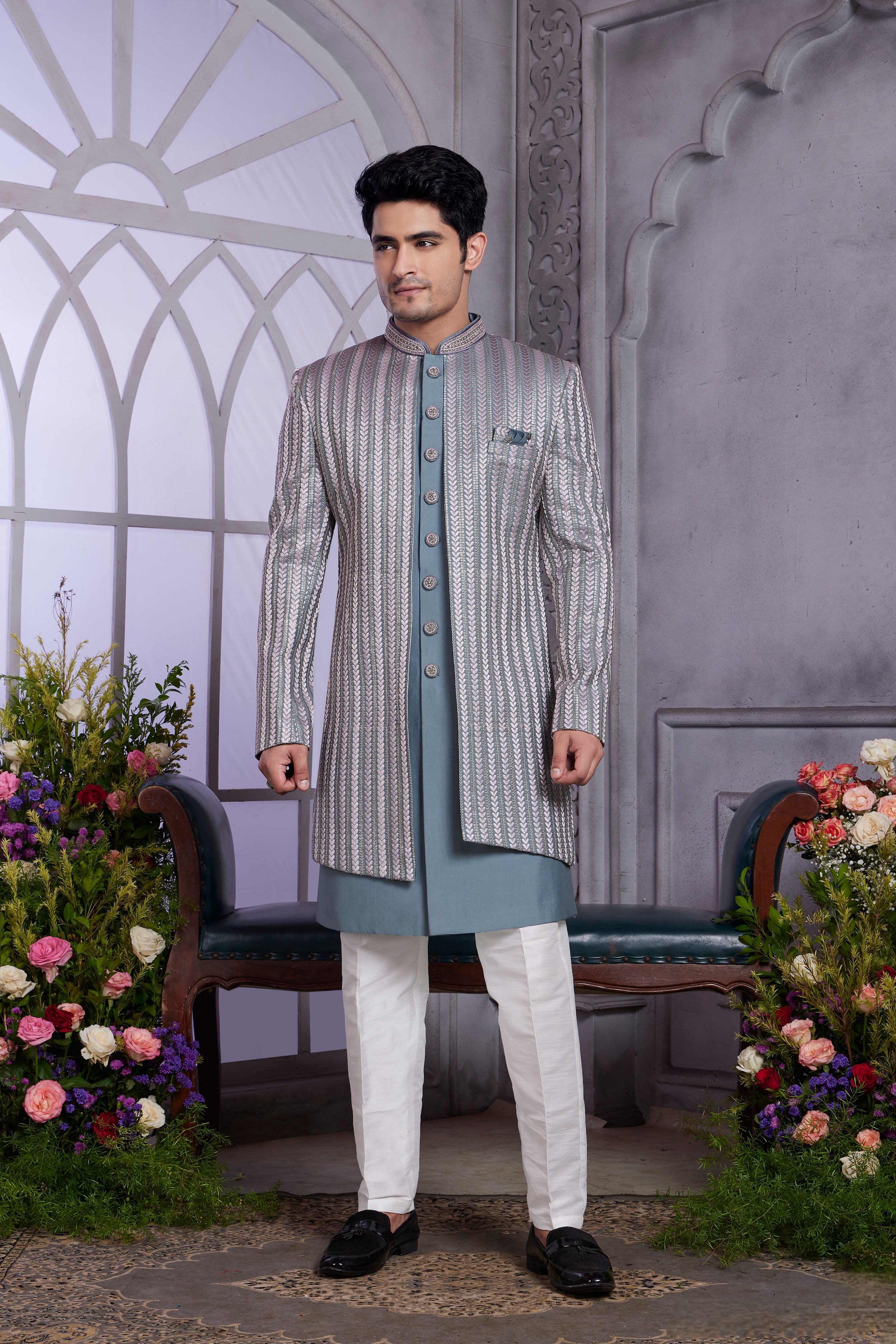 Grey Indo Western set with teal detailing