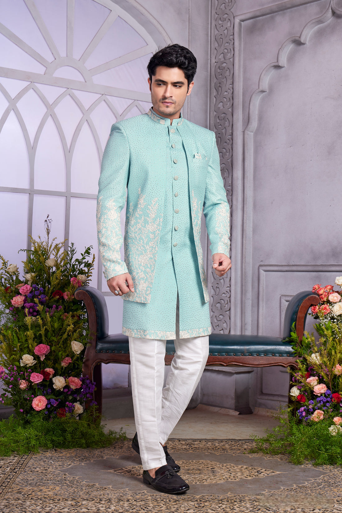 Mint green Indo Western set for men