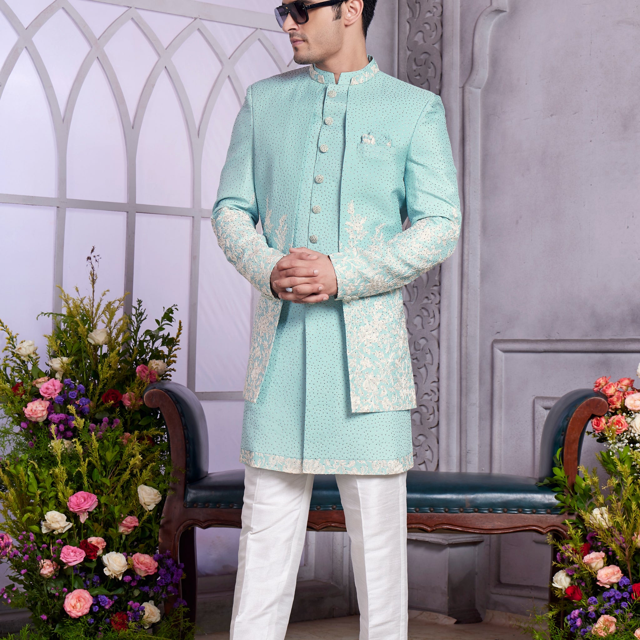 Mint green Indo Western set for men