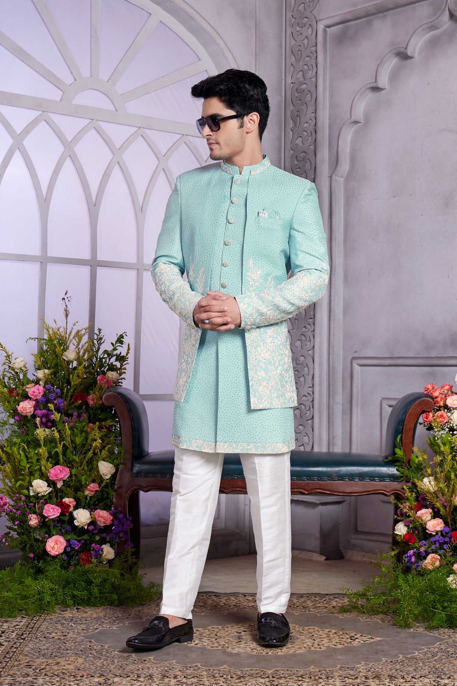 green indo western dress men Dark Green Terry Rayon Indowestern For Reception
