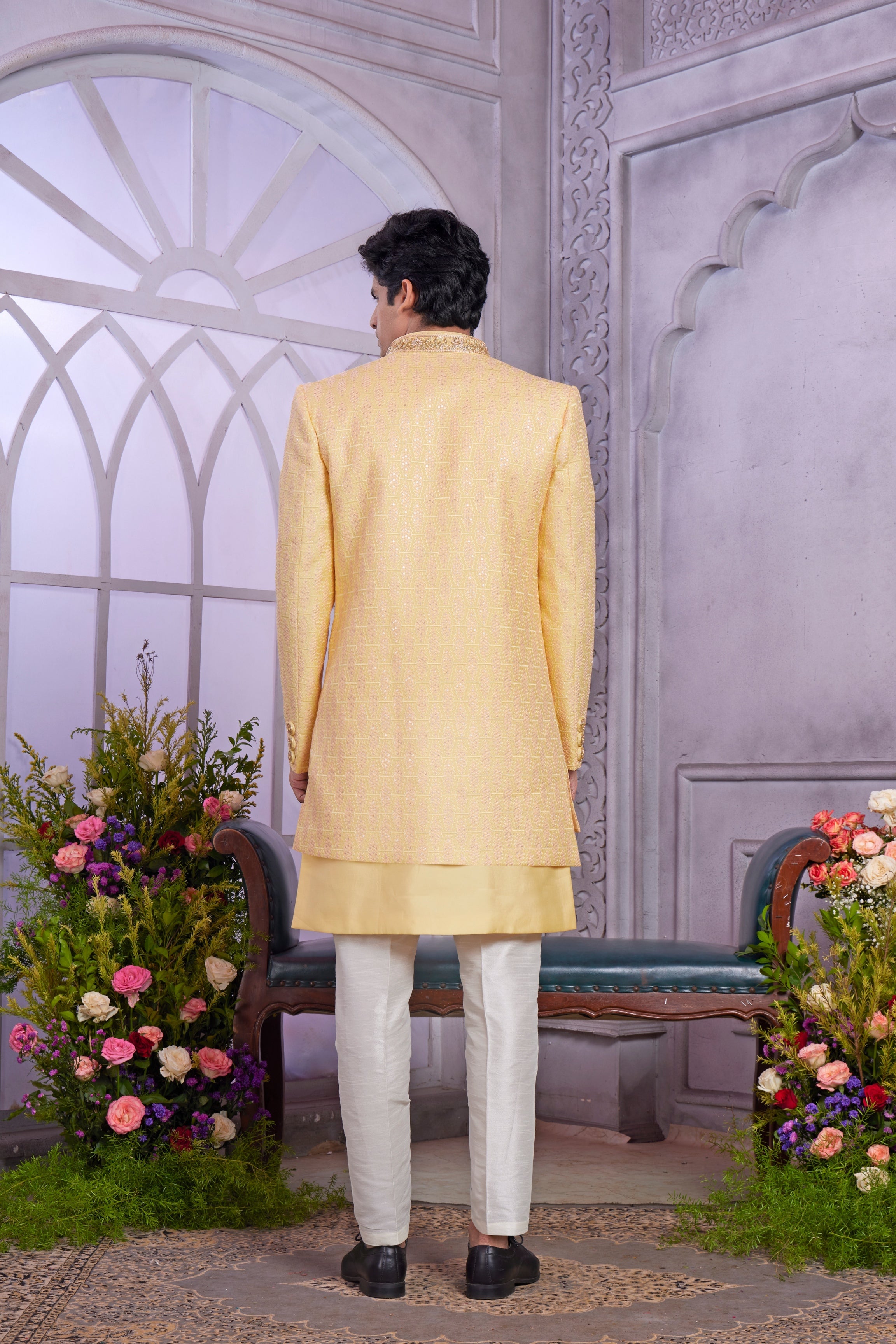 Traditional light yellow Indo Western attire