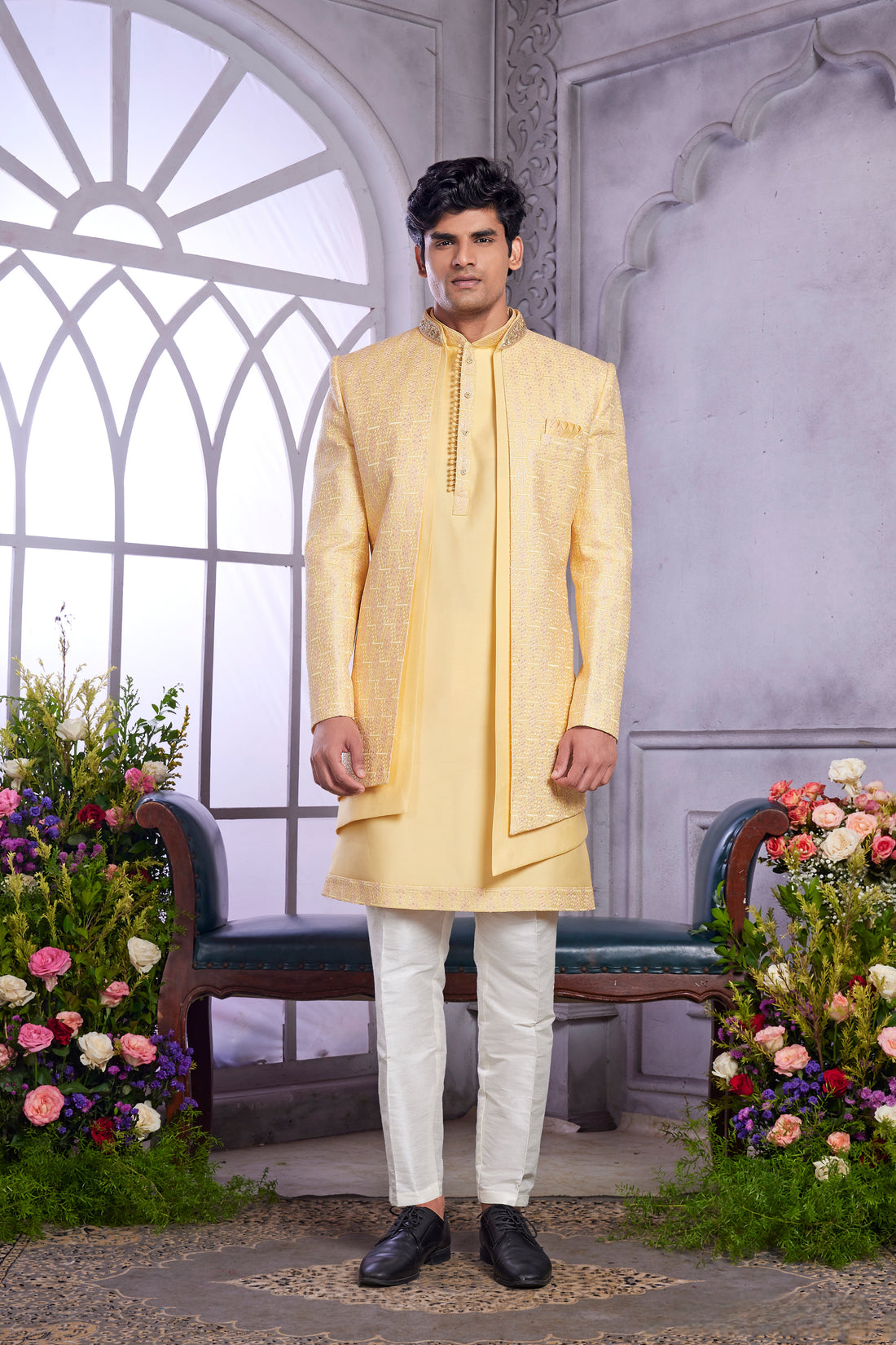 Light yellow Indo Western set for haldi