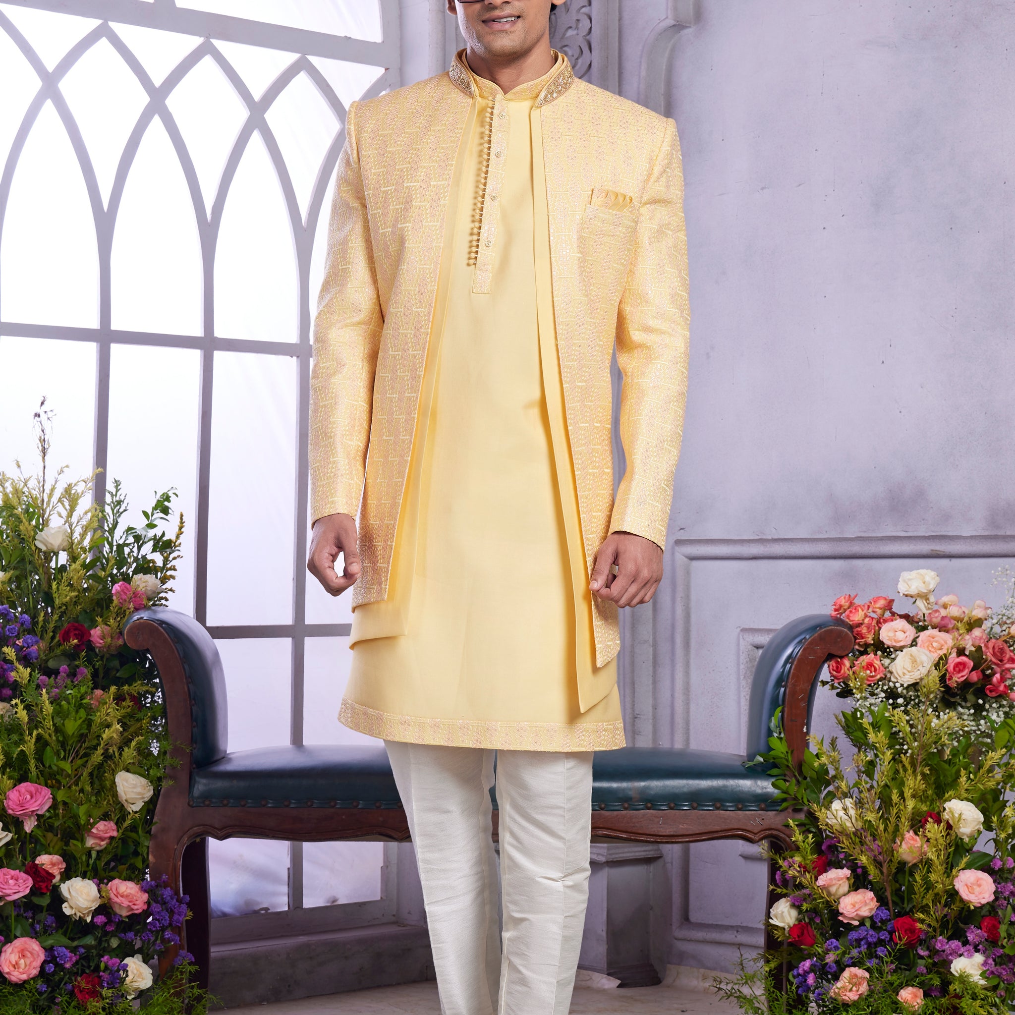 Light yellow Indo Western set for haldi