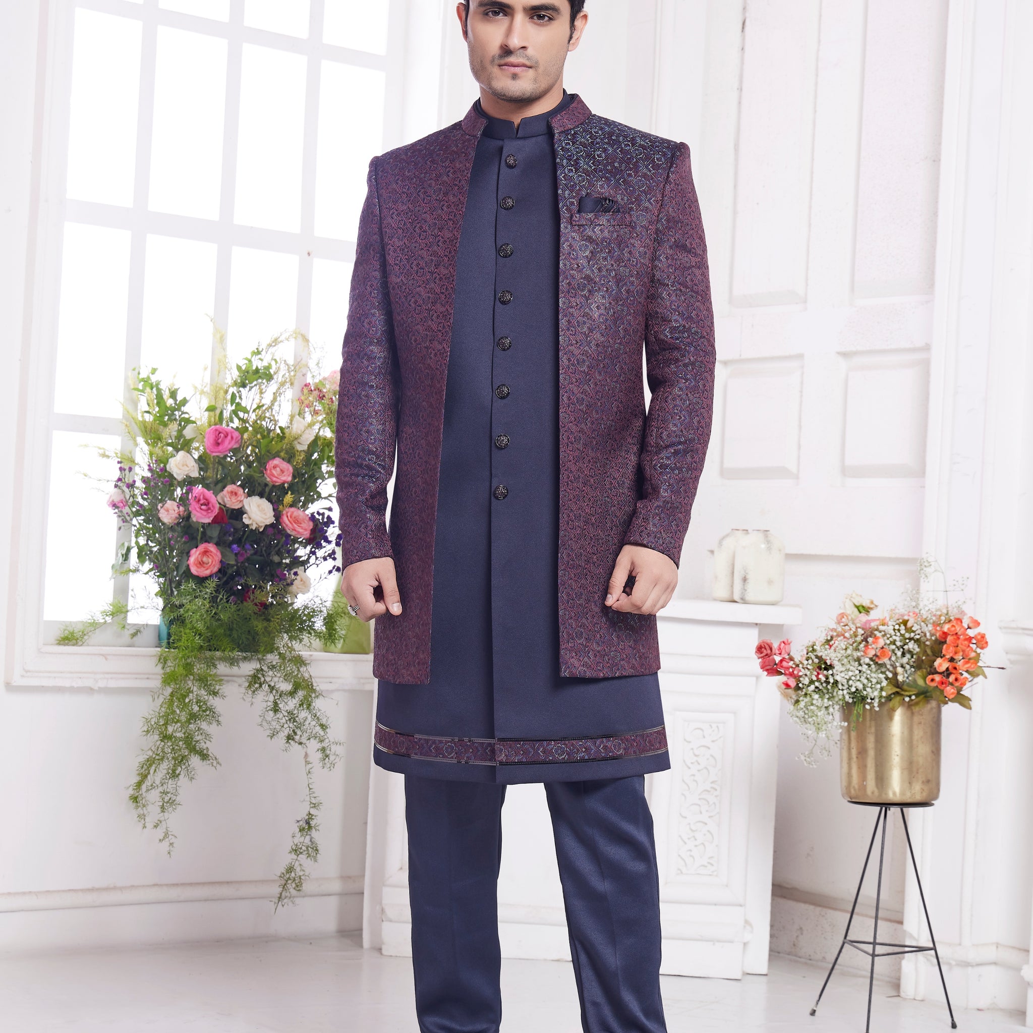 Wine blue indo western jacquard silk