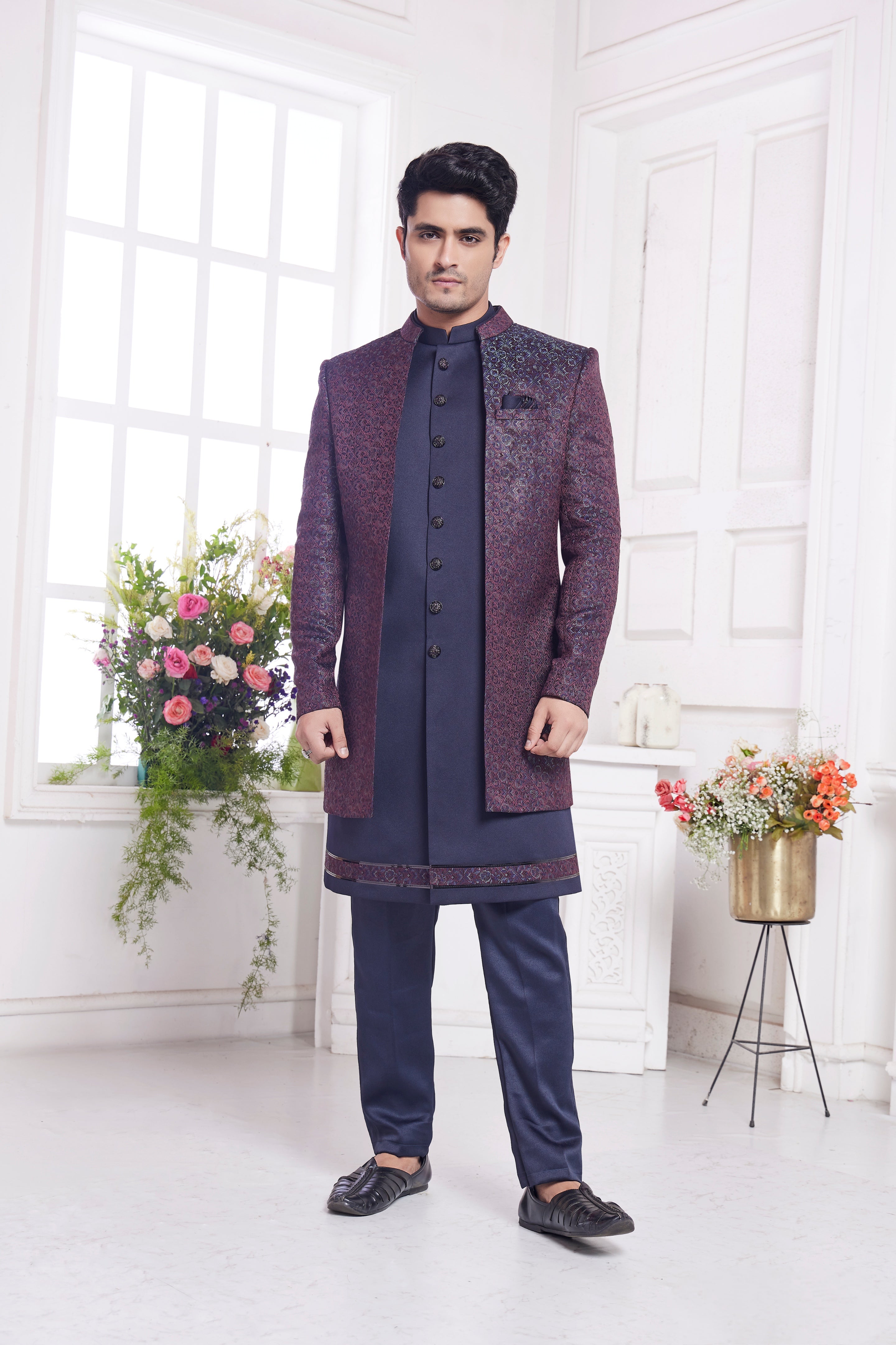 Wine blue indo western jacquard silk