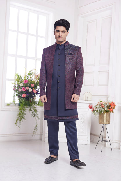 Wine blue indo western jacquard silk