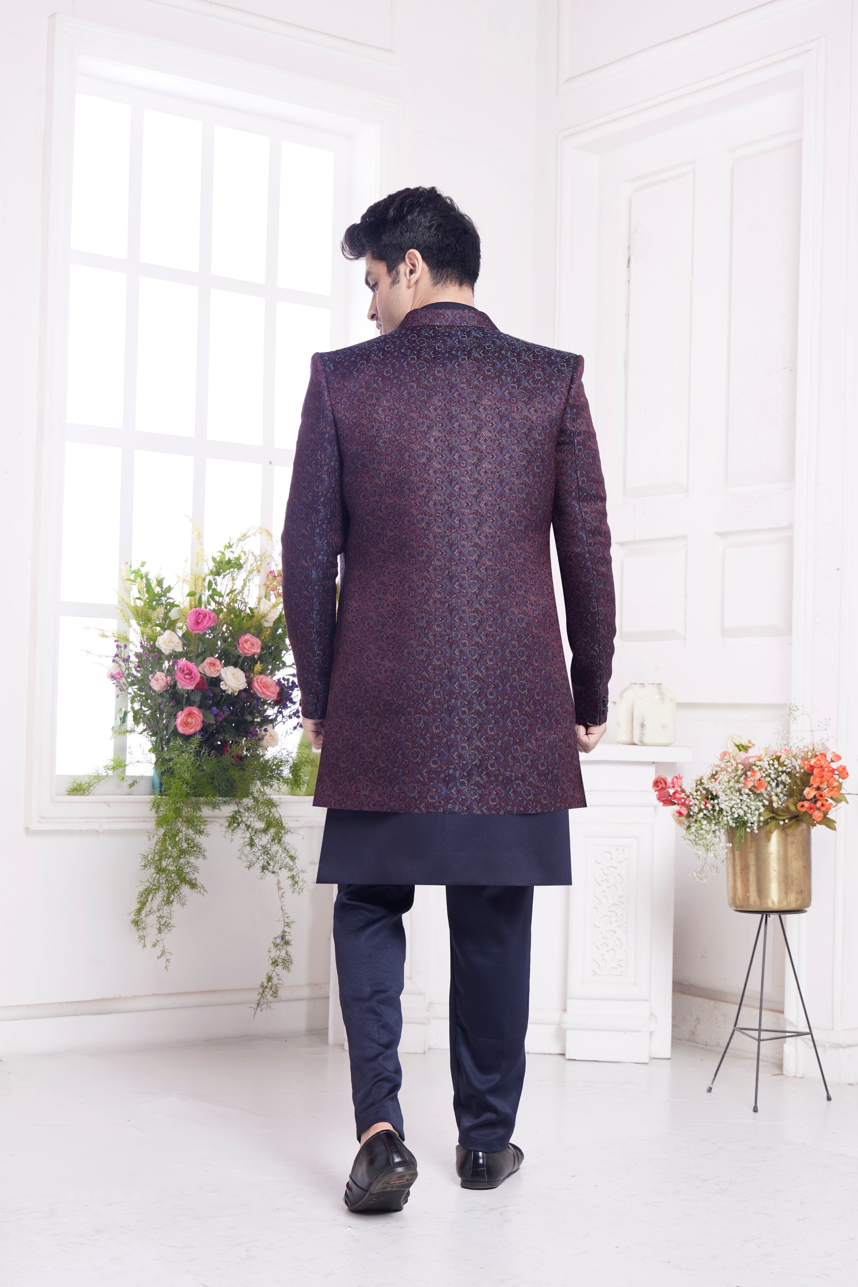 Reception outfit for men in wine blue