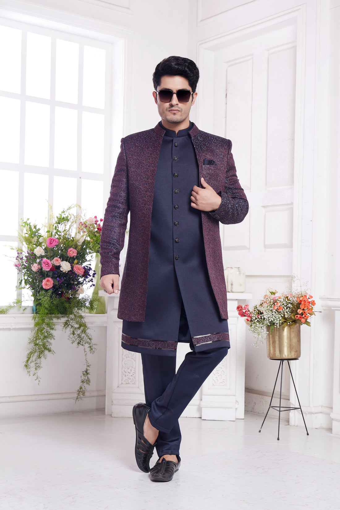 Wine blue indo western jacquard silk