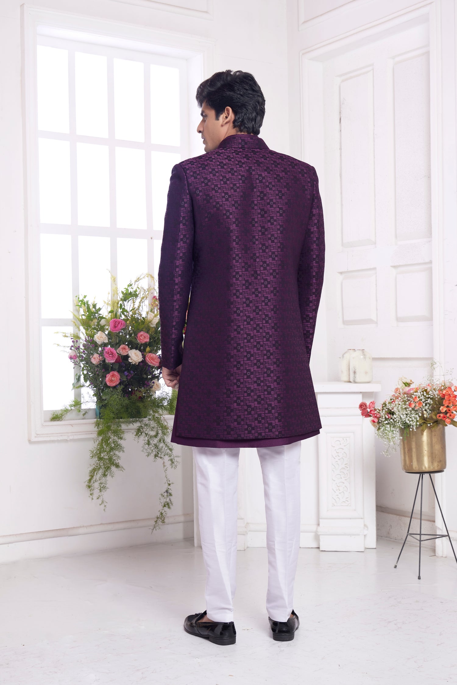 Wine Indo Western for Men in Imported Jacquard Silk L-40 / Wine