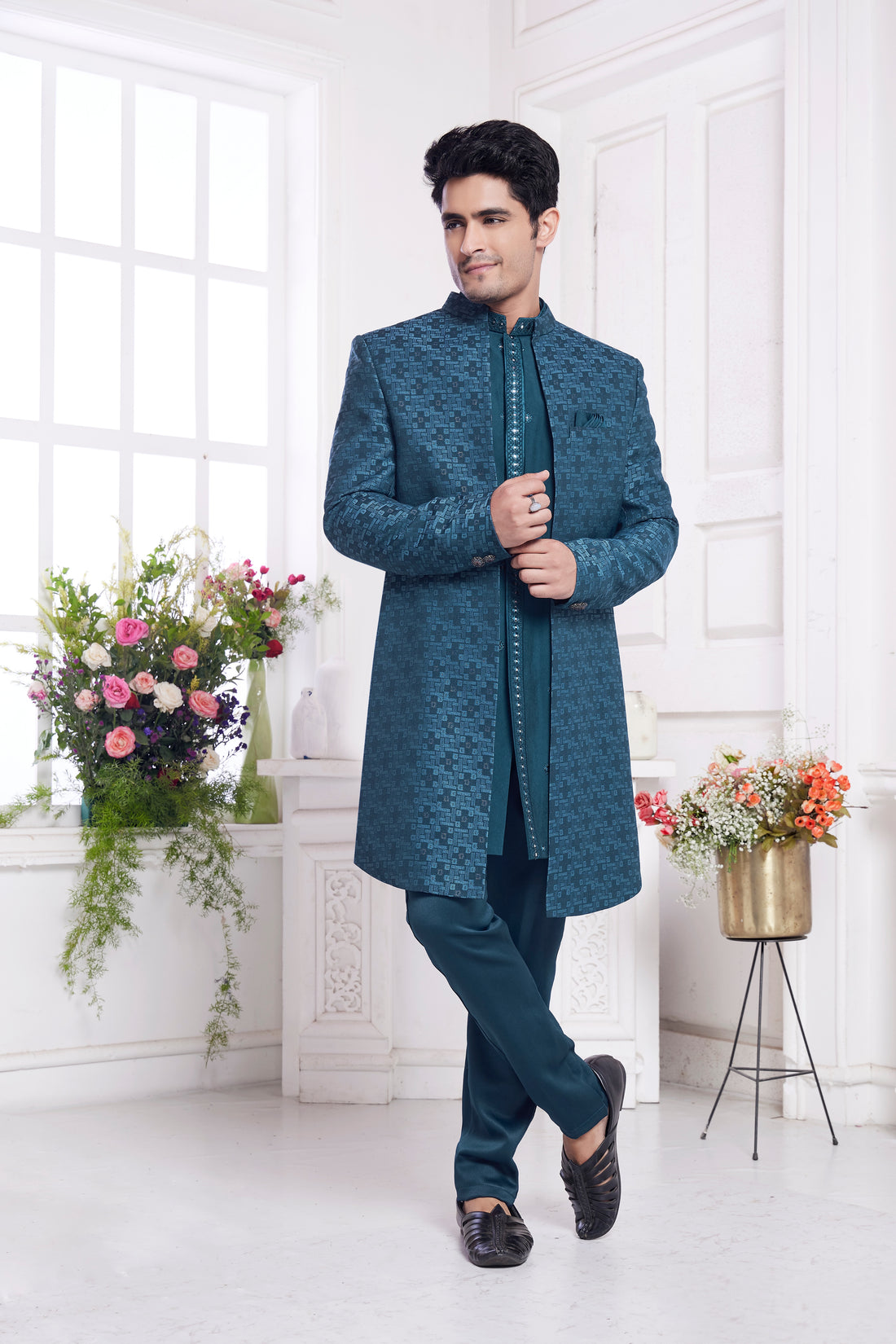 Teal green indo western for men