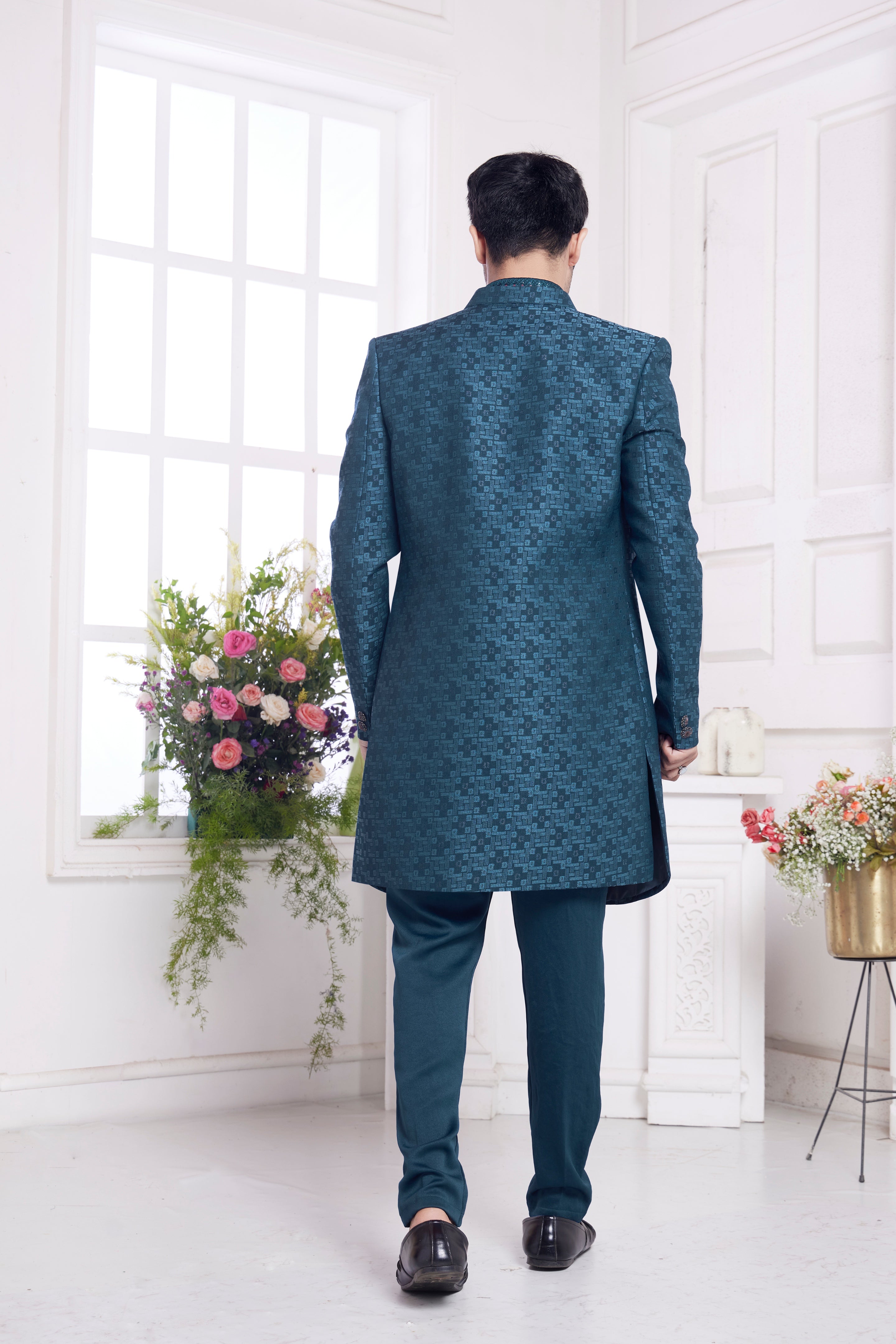 Jacquard silk groom outfit in teal