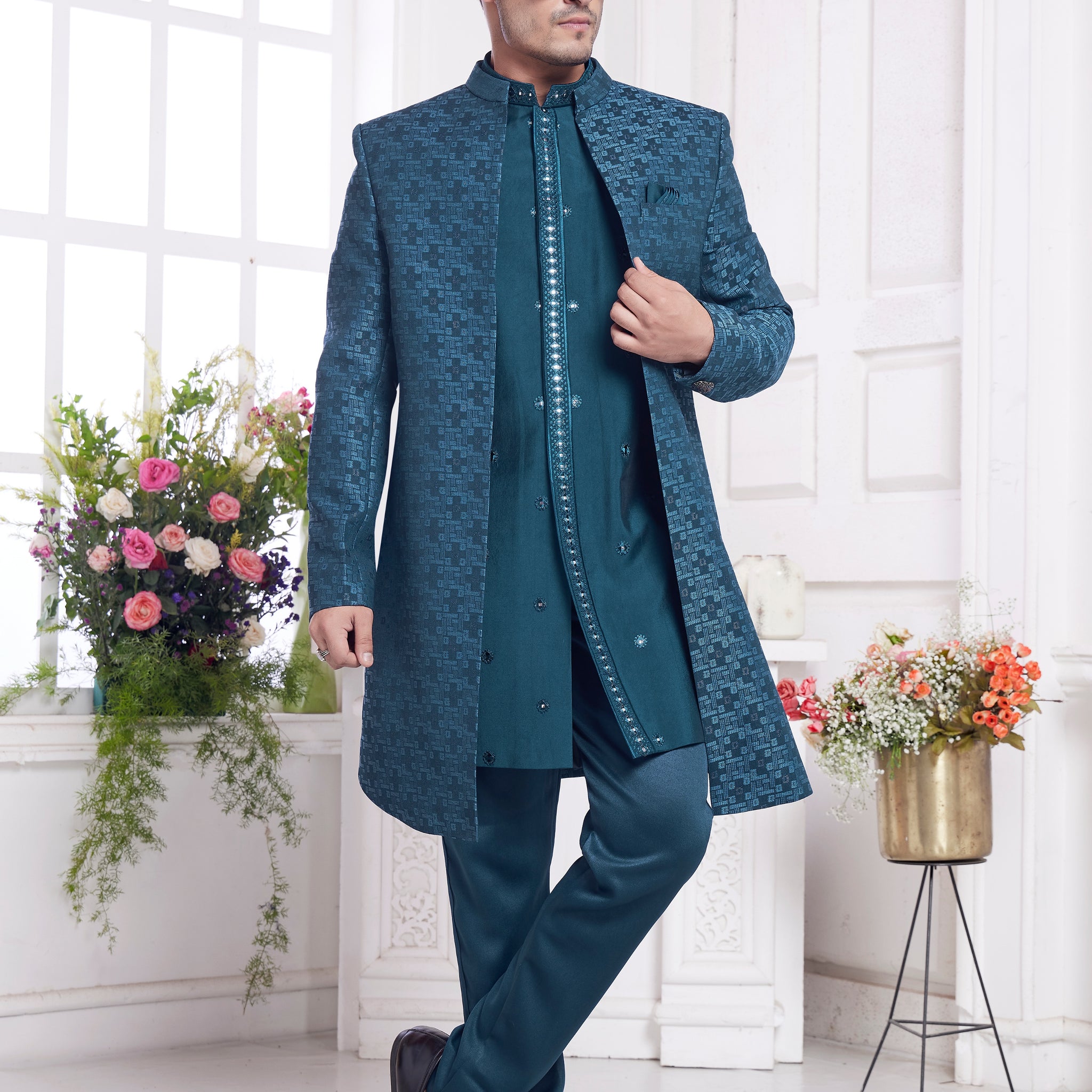 Teal green indo western for men