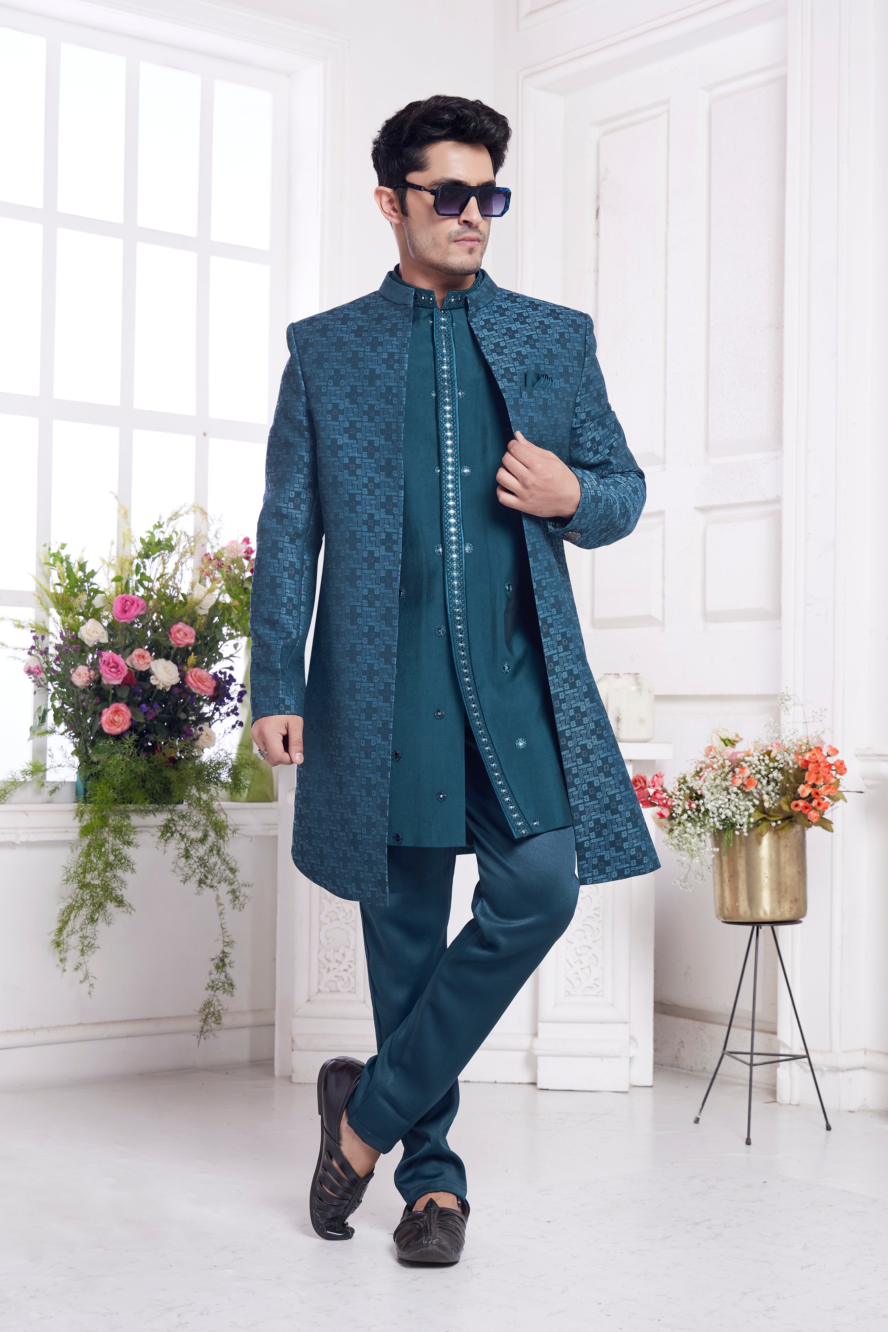 Teal green indo western for men