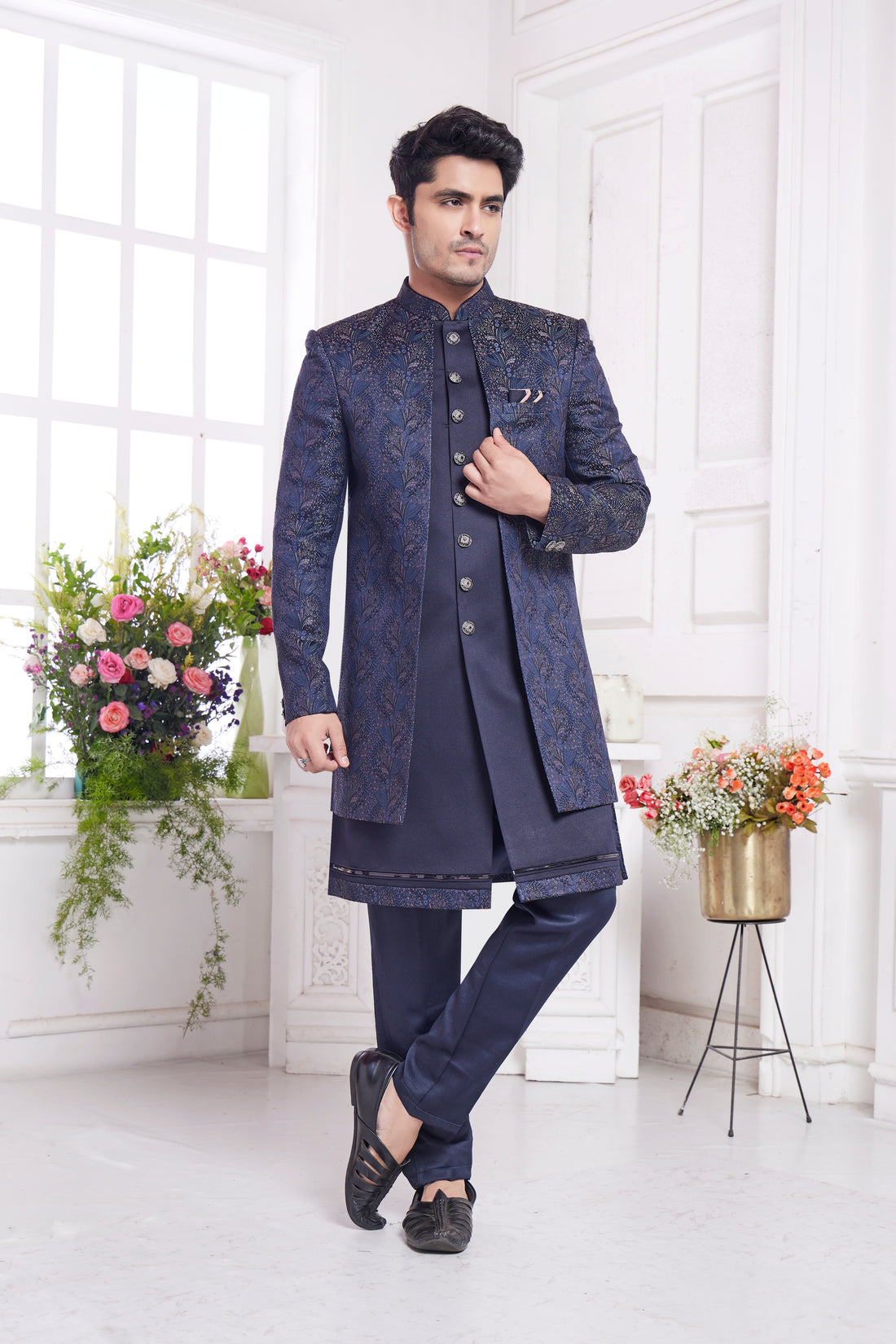 Steel blue indo western for men