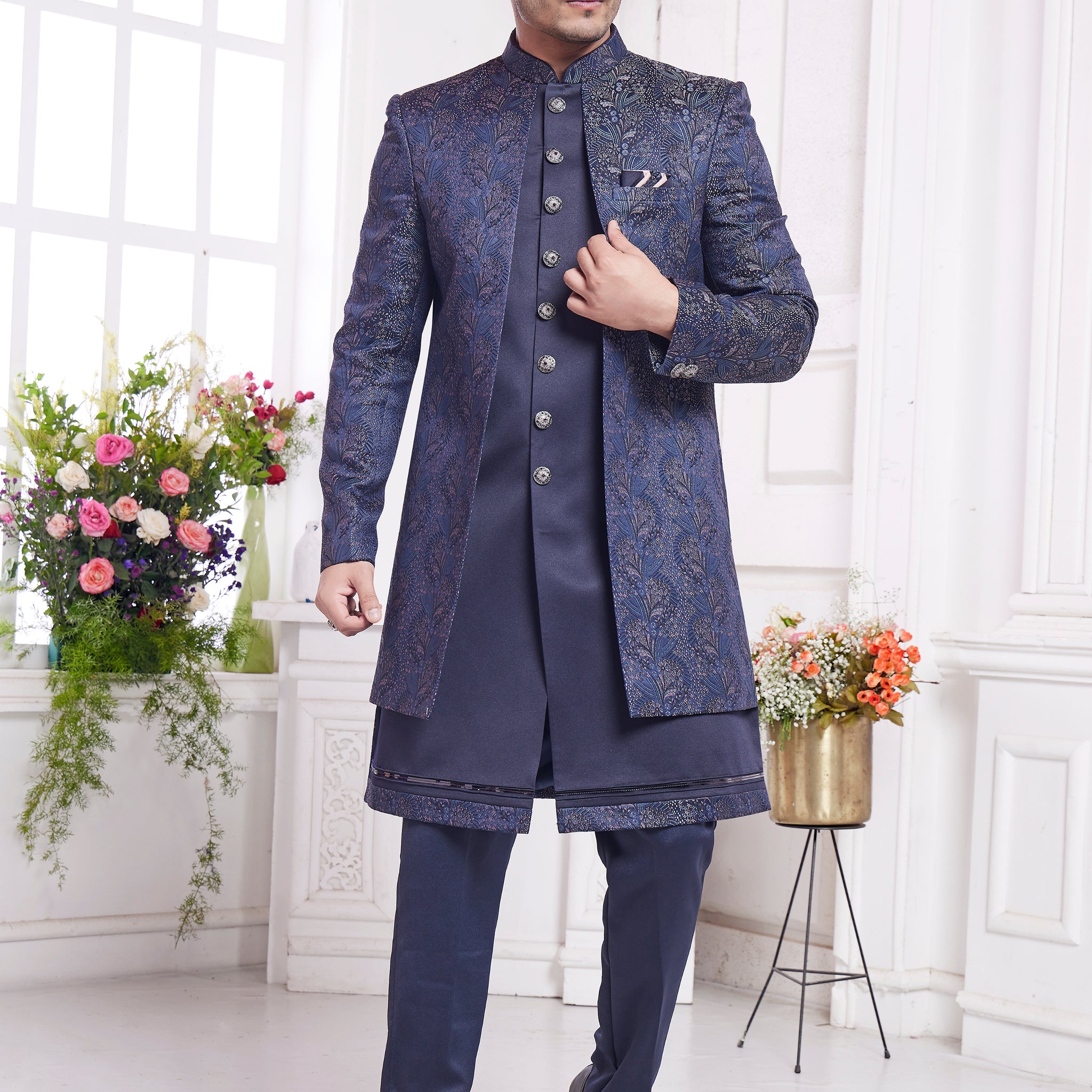 Steel blue indo western for men