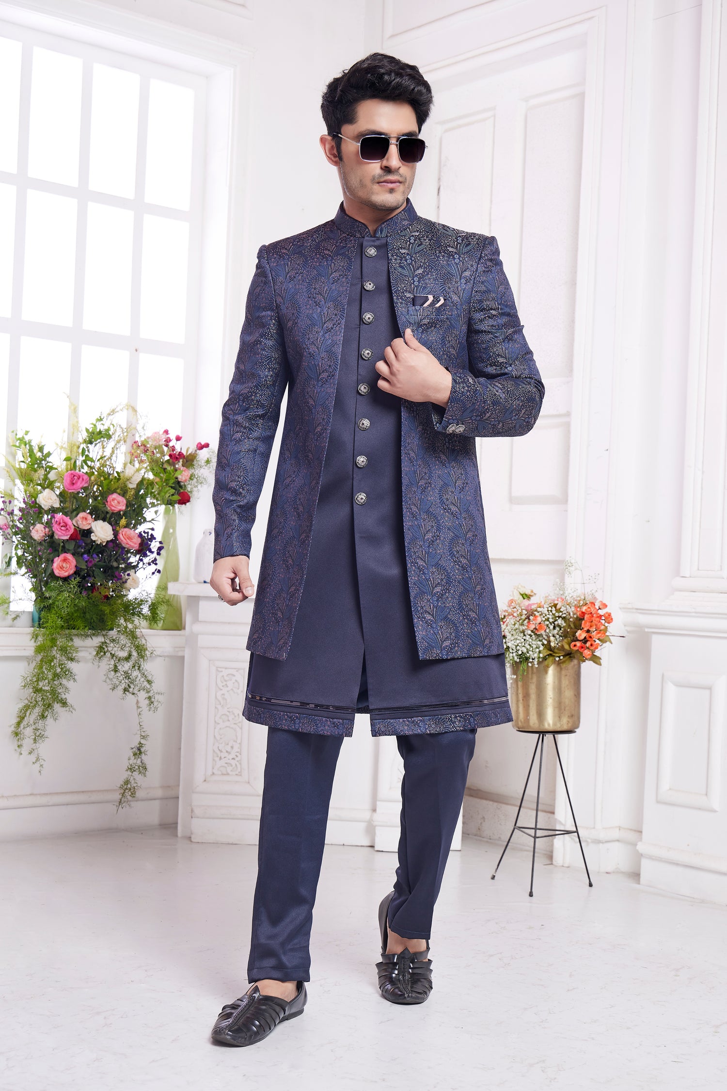 Steel blue indo western for men