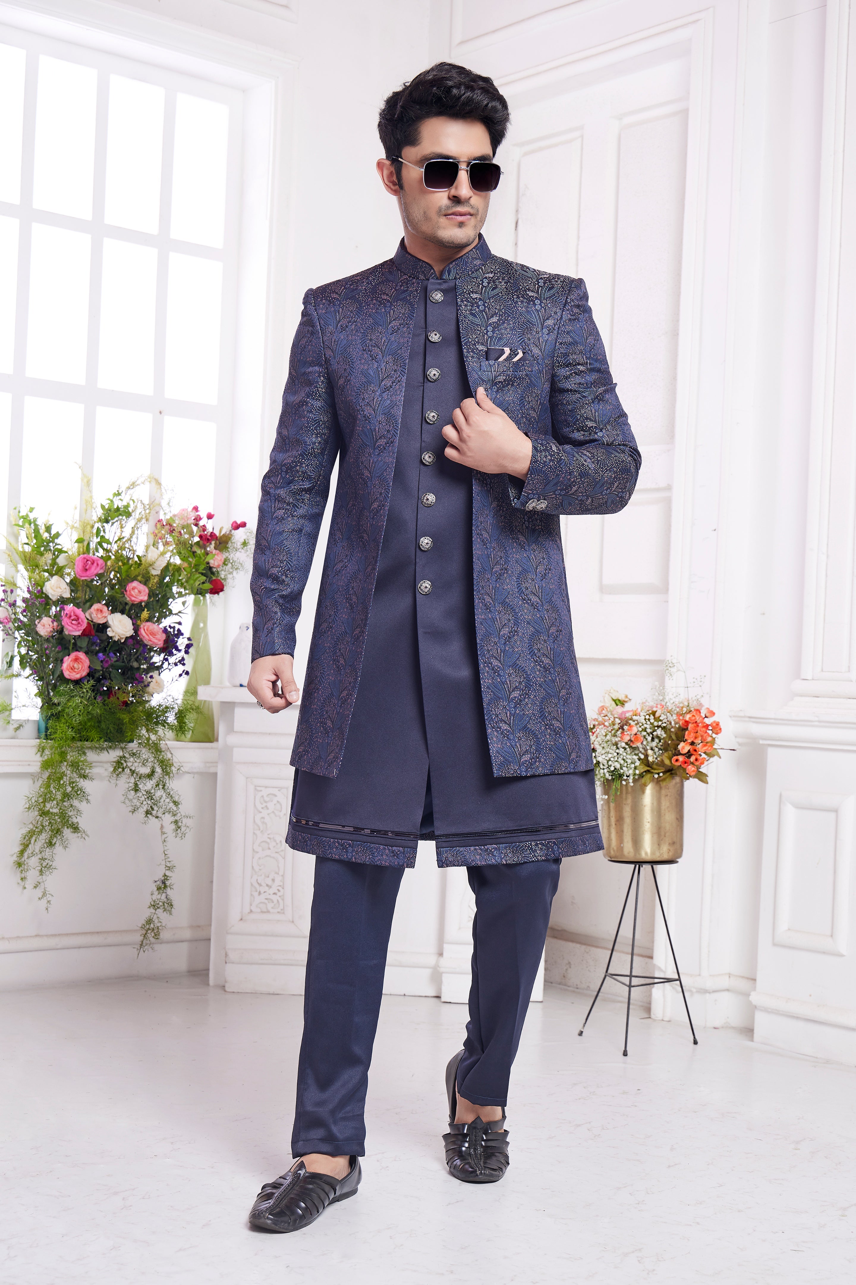 Steel blue indo western for men