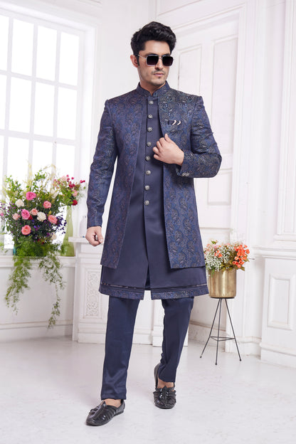 Steel blue indo western for men