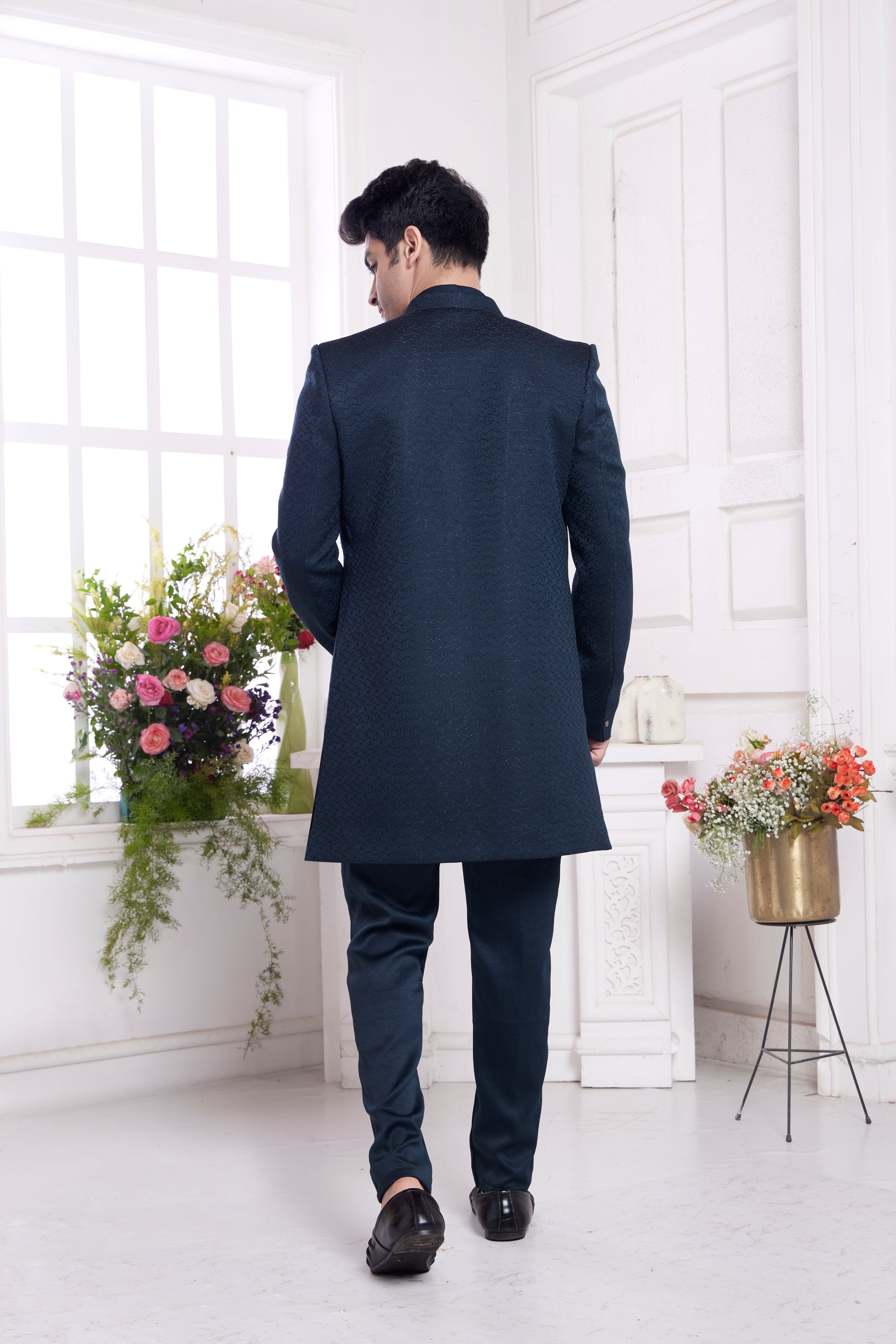 Jacquard navy blue indo western