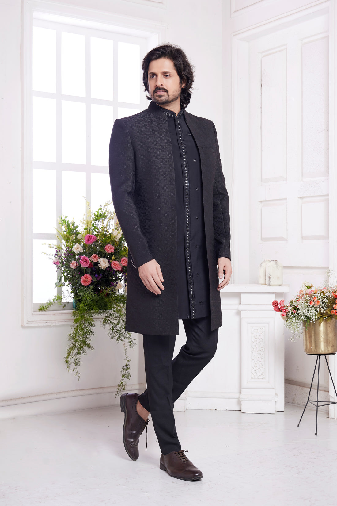 Black indo western for men with jacquard silk