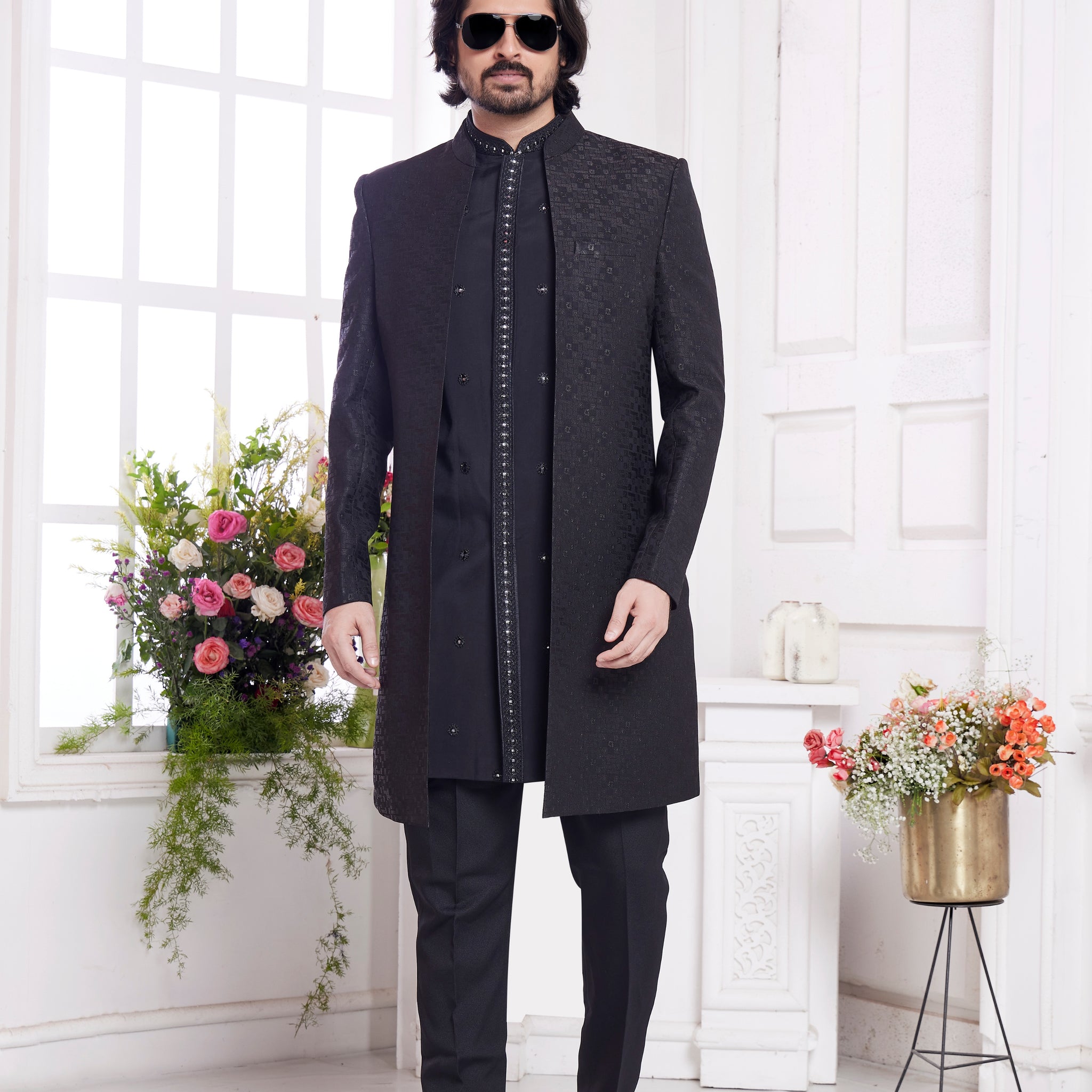 Black indo western for men with jacquard silk