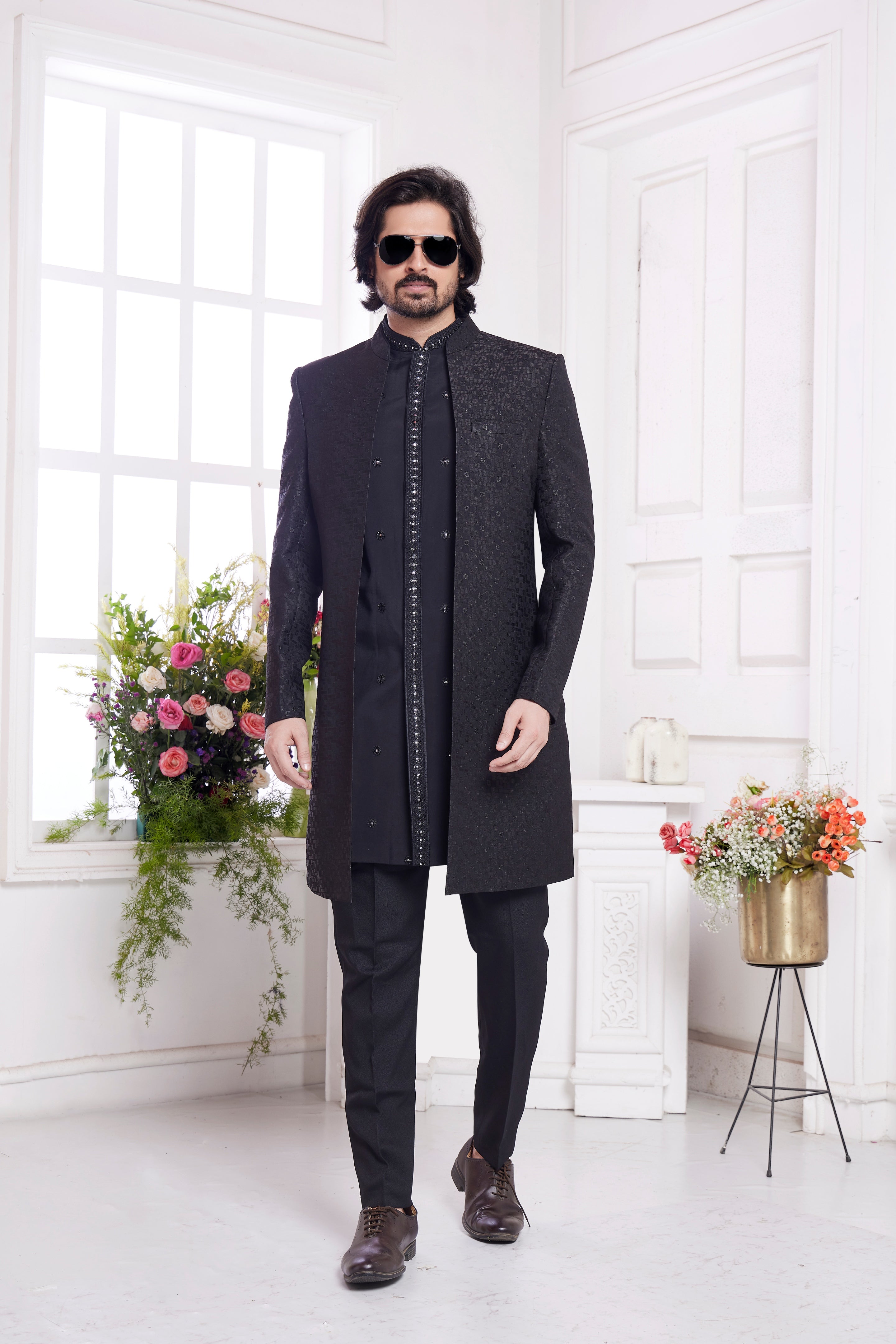 Black indo western for men with jacquard silk