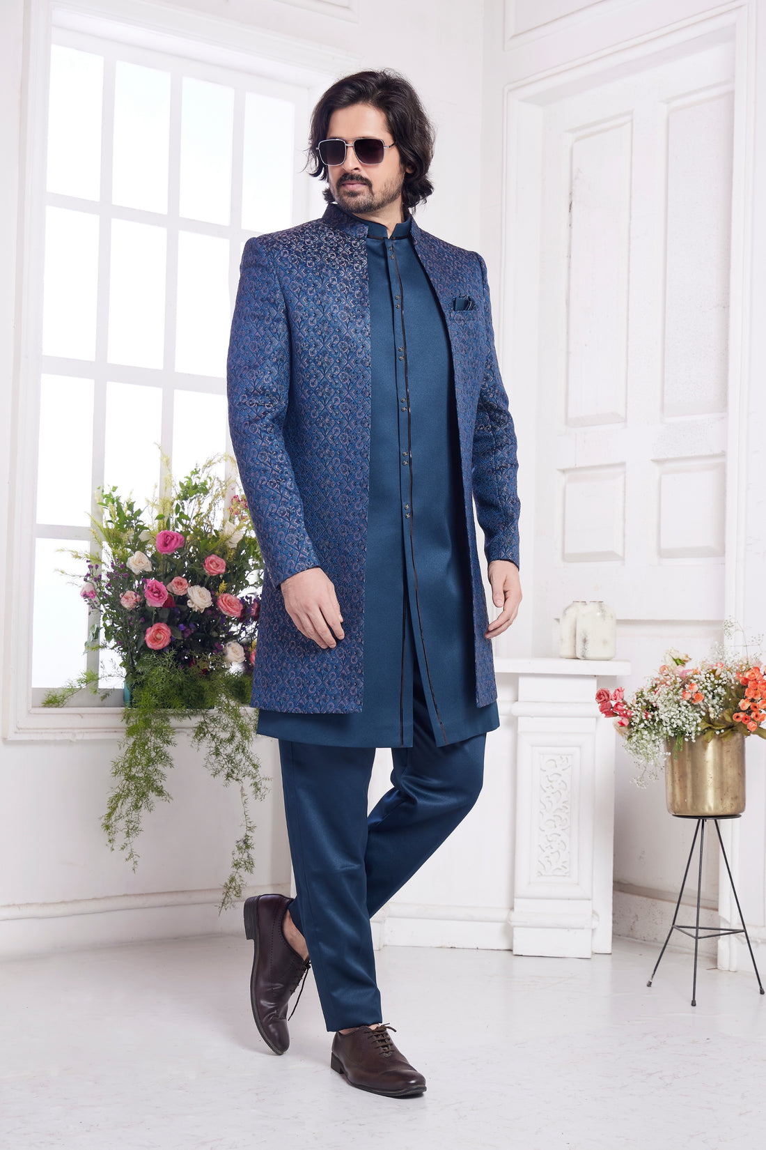 Shiny teal blue indo western for men