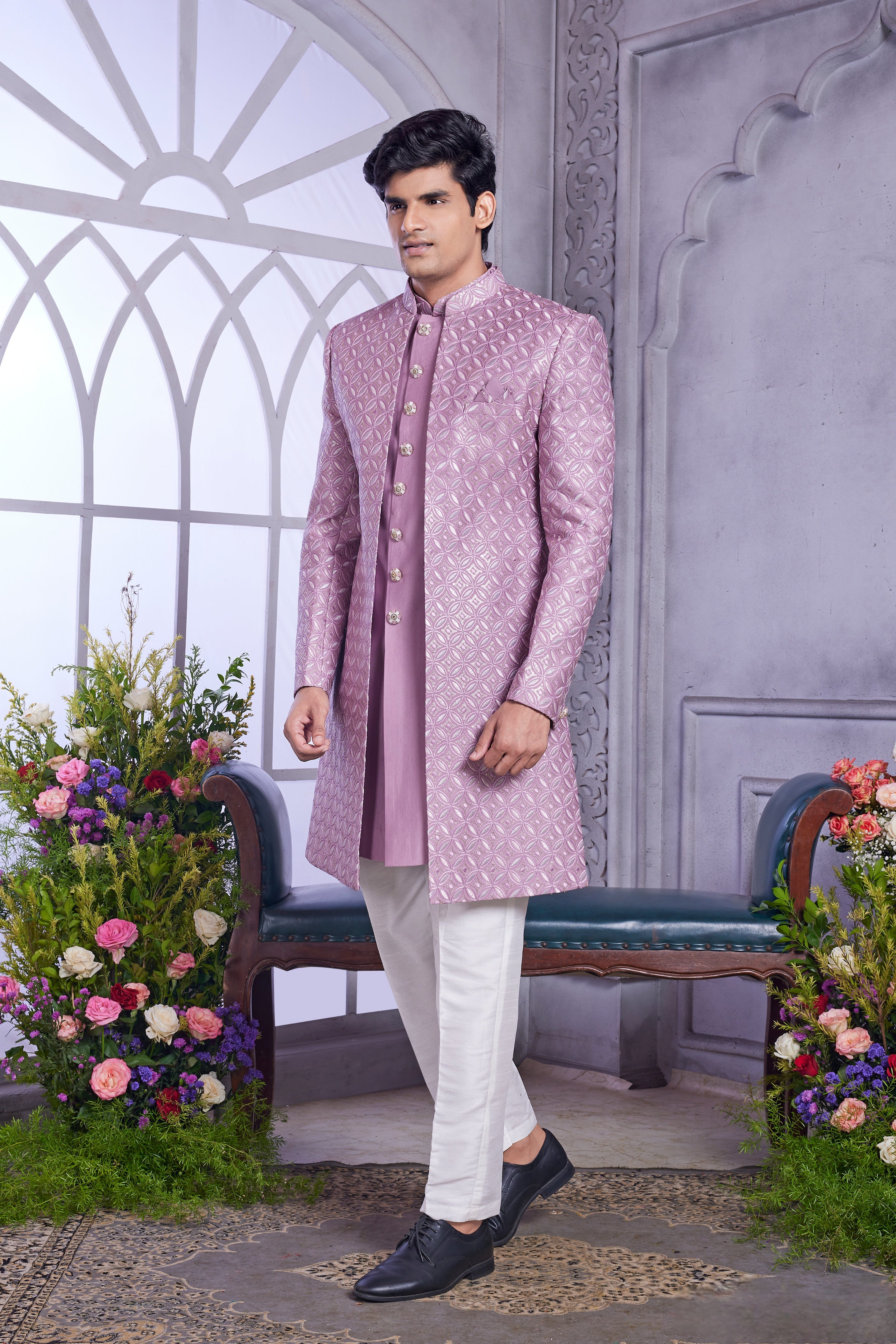 Embroidered lavender outfit for groom