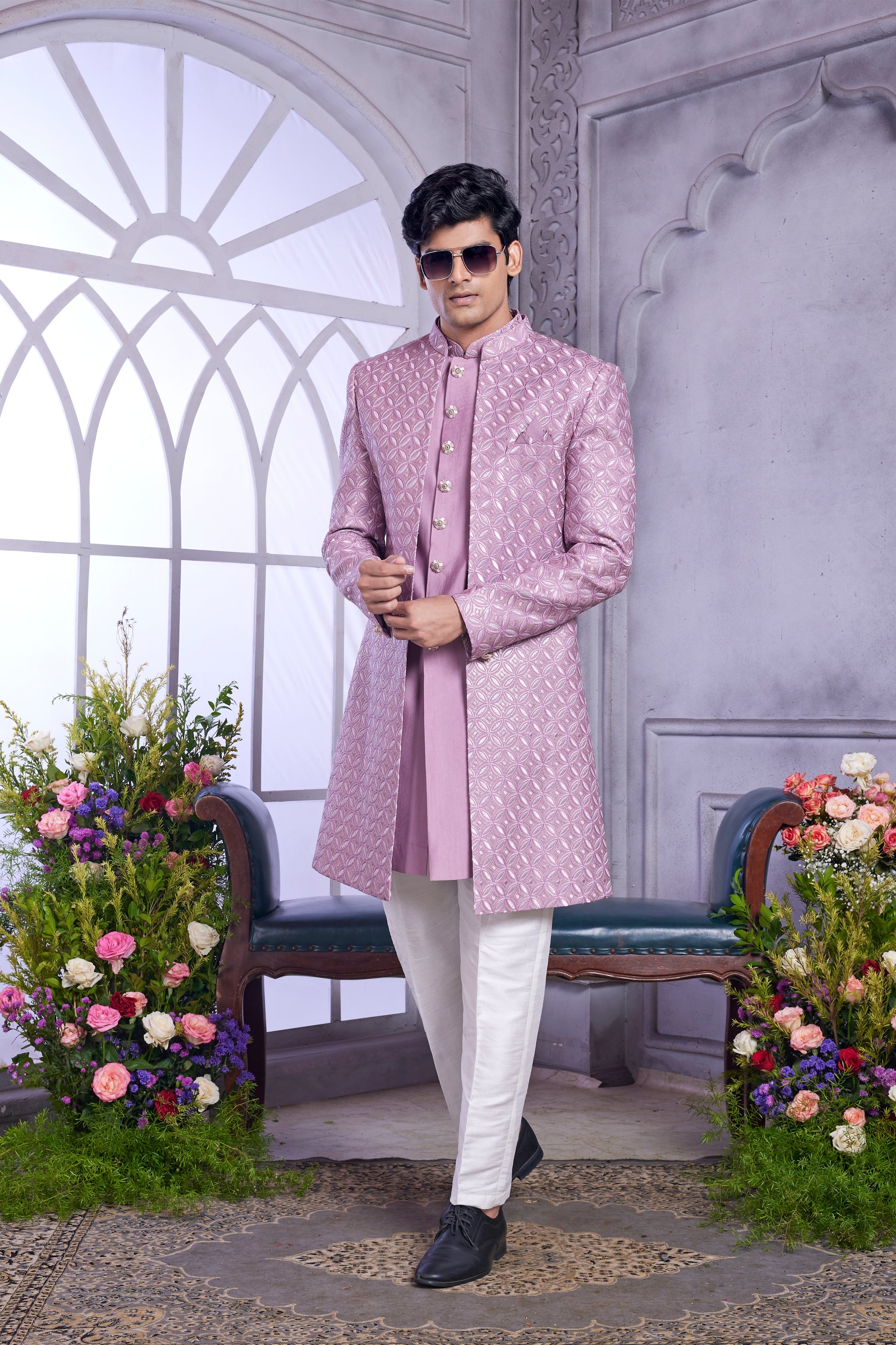 Lavender Indo Western for Men with Thread Work