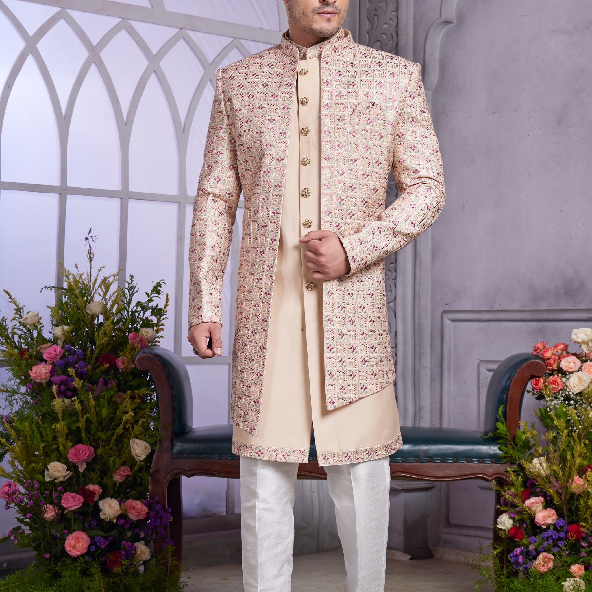 Beige indo western with red thread work