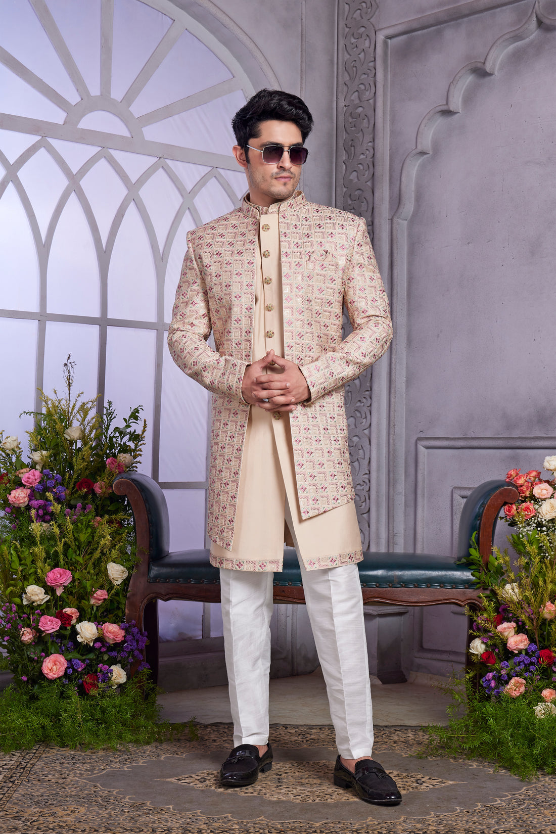 Beige indo western with red thread work