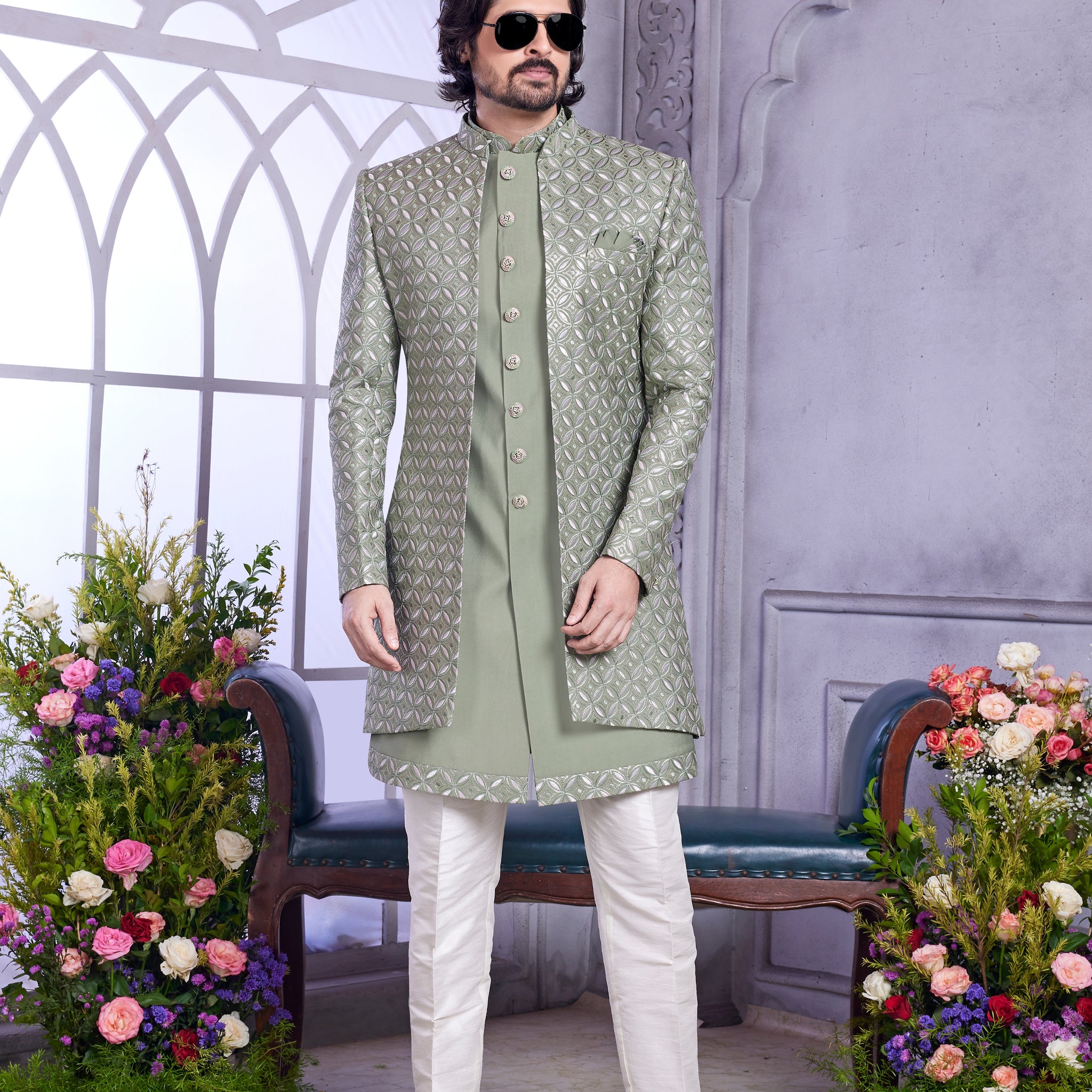 Sage green indo western with embroidery