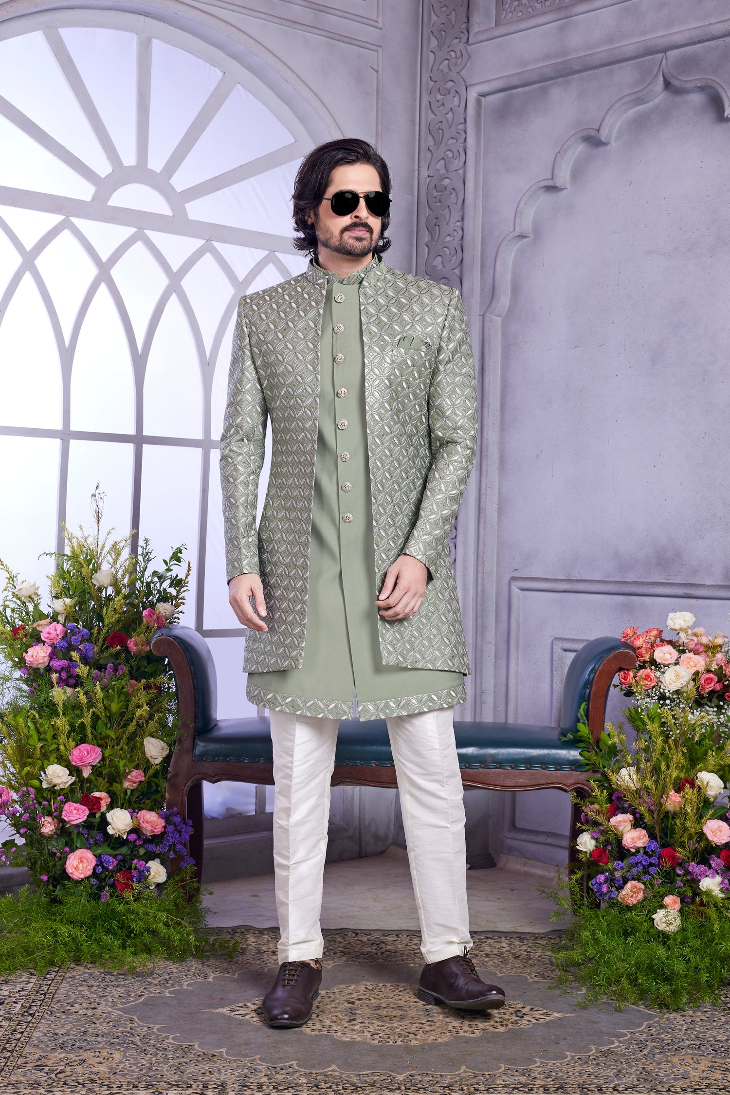 Sage green indo western with embroidery