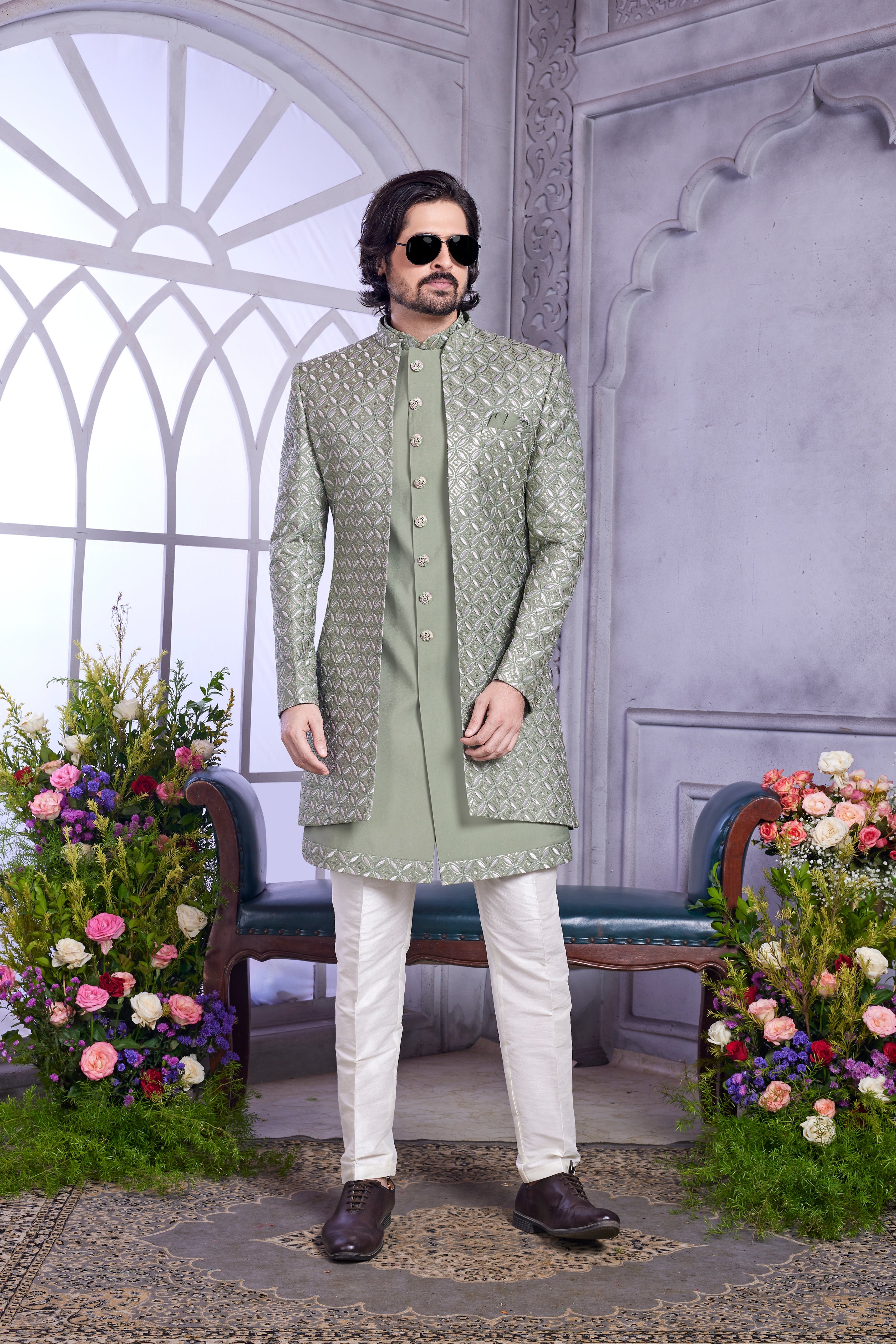 Sage green indo western with embroidery