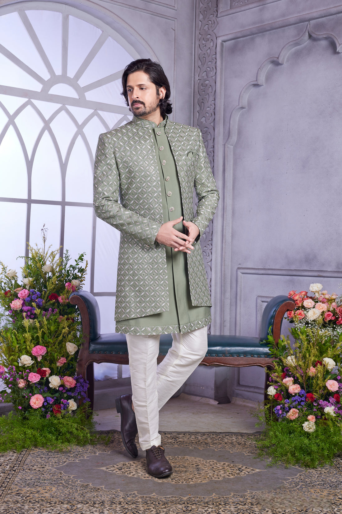 Sage green indo western with embroidery