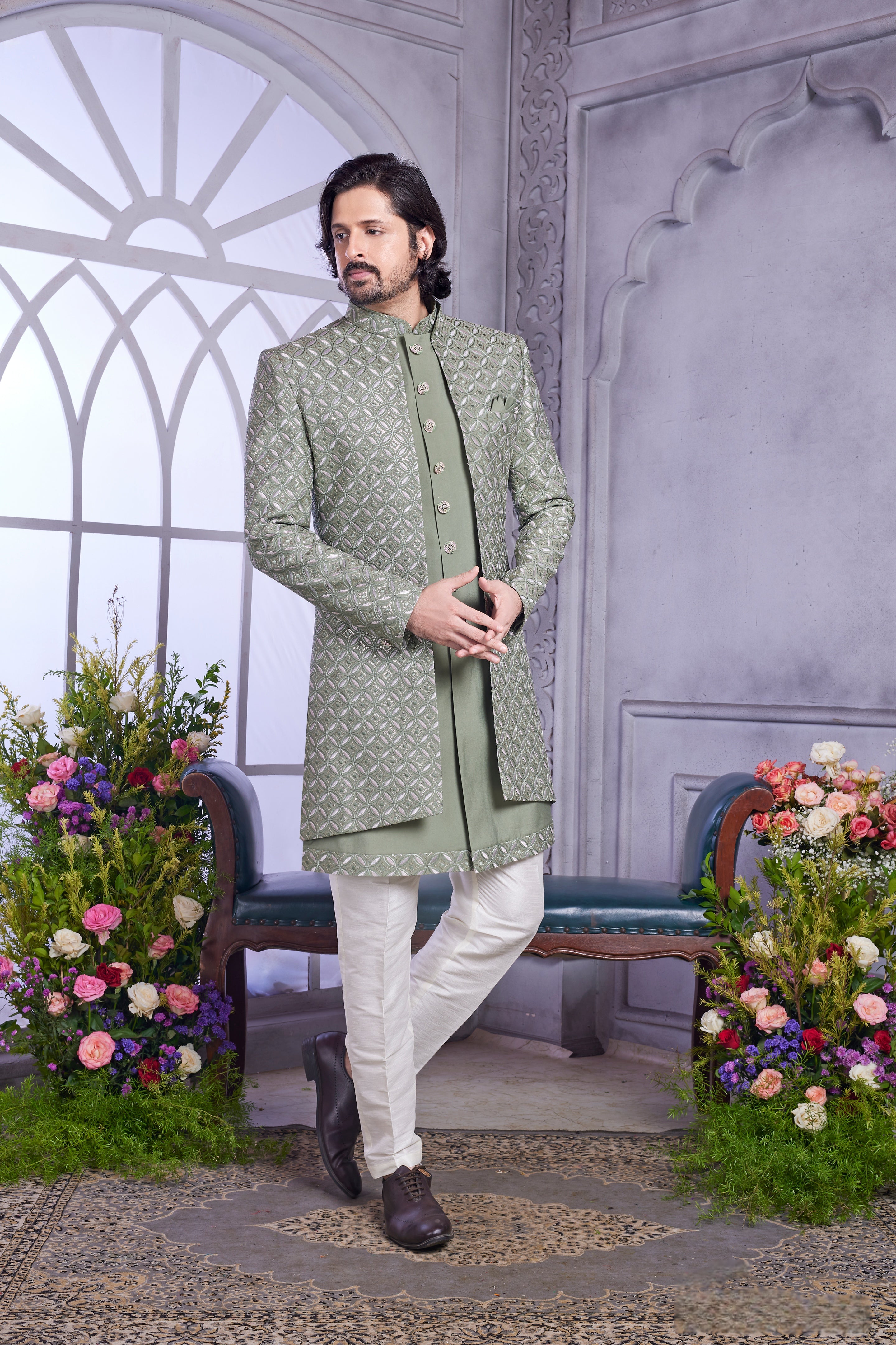 Thread work sherwani in sage green