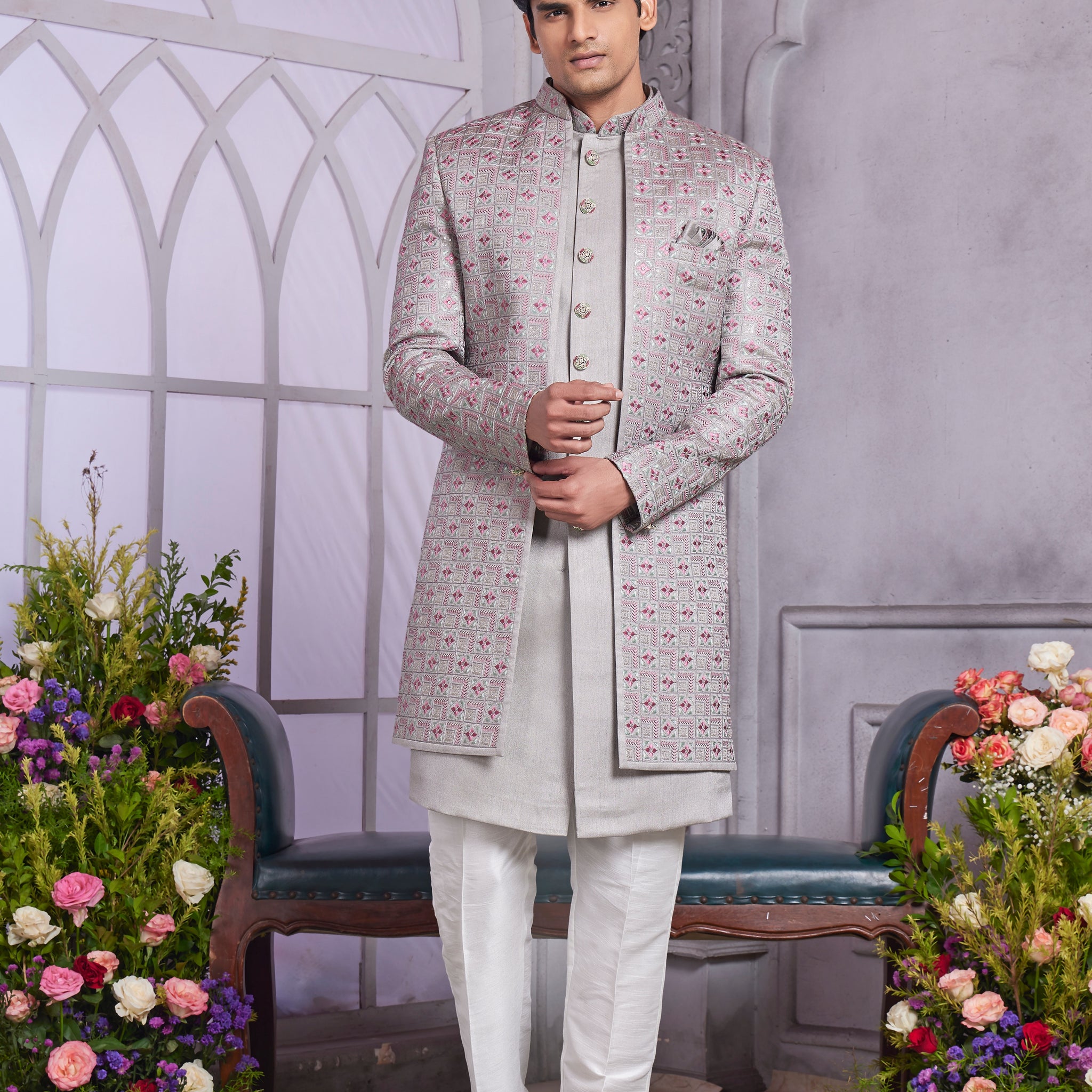 Grey indo western set for groom